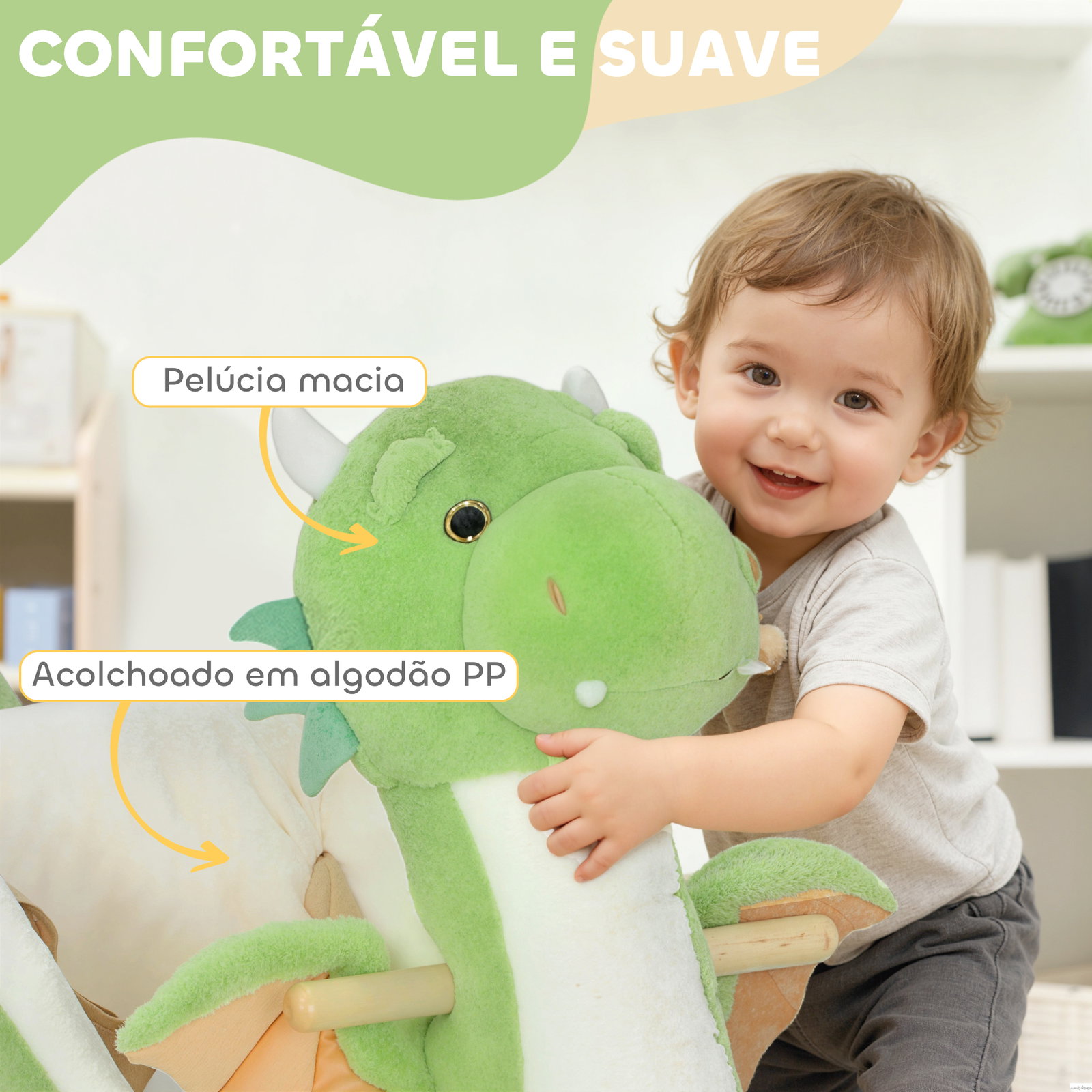 Baloiço para bebés com som de dragão base de madeira cinto de segurança para crianças de 18-36 meses 65x38x72 cm verde