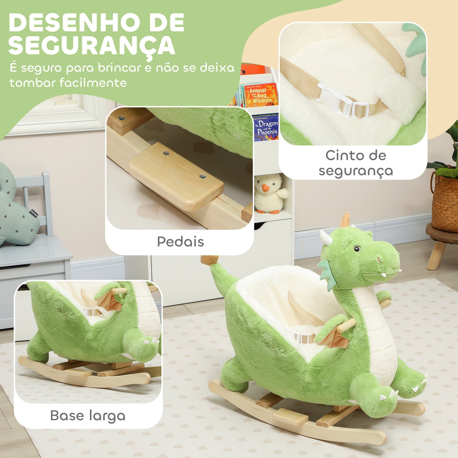 Baloiço para bebés com som de dragão base de madeira cinto de segurança para crianças de 18-36 meses 65x38x72 cm verde