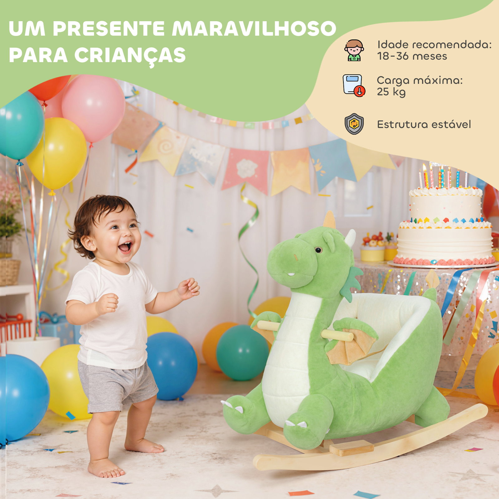 Baloiço para bebés com som de dragão base de madeira cinto de segurança para crianças de 18-36 meses 65x38x72 cm verde