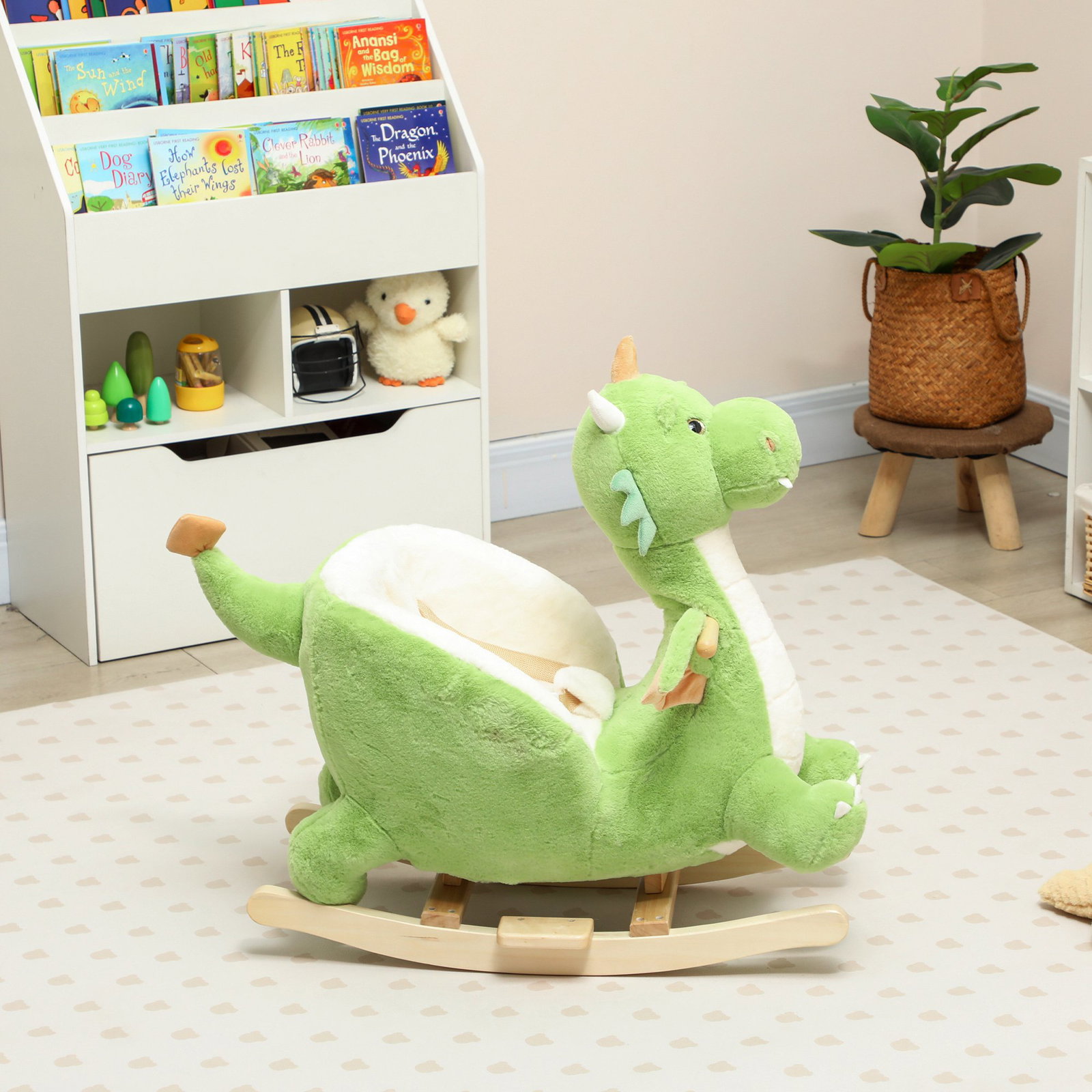 Baloiço para bebés com som de dragão base de madeira cinto de segurança para crianças de 18-36 meses 65x38x72 cm verde