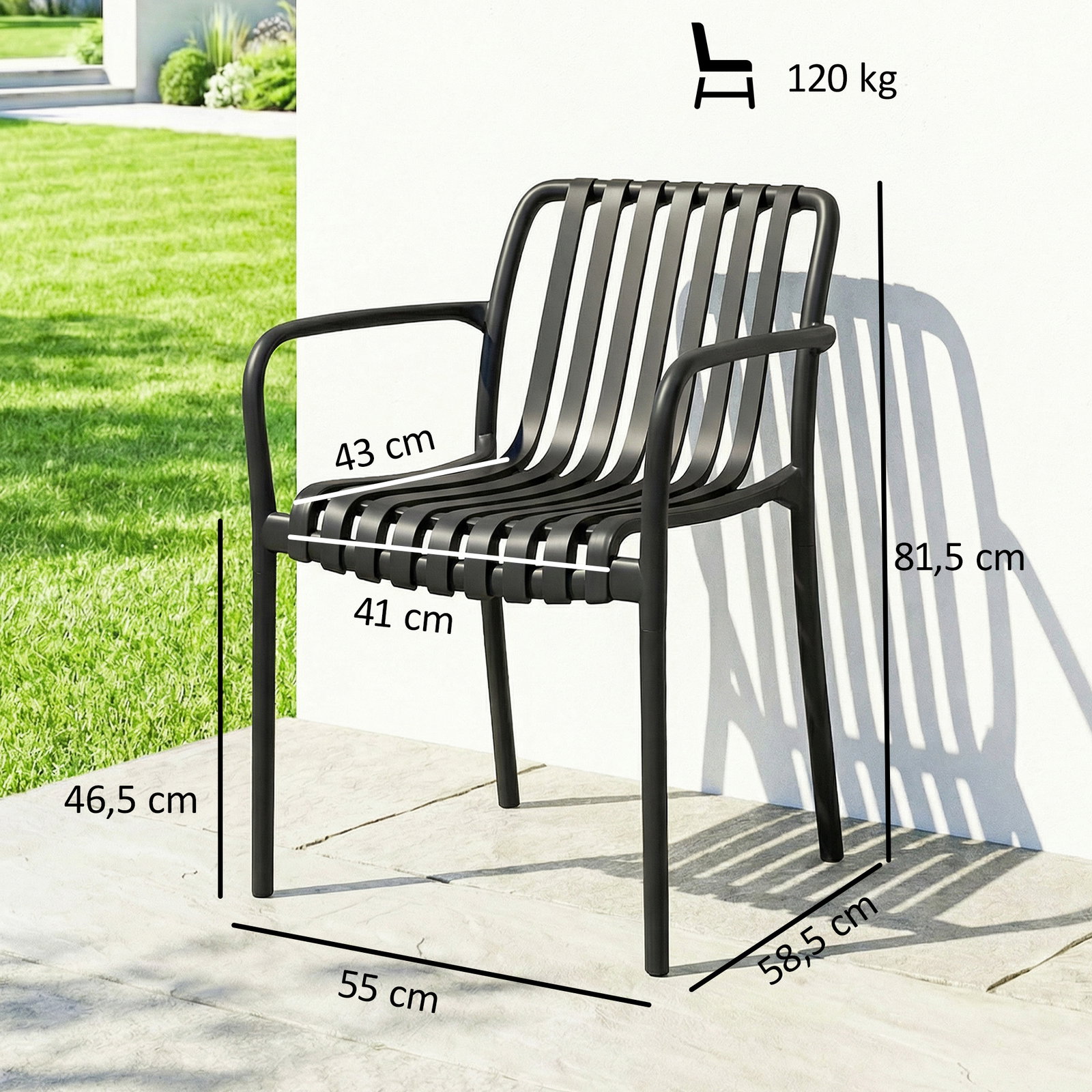 Conjunto de 4 cadeiras de jardim empilháveis em PP com encosto curvado e assento com ripas 55x58,5x81,5 cm preto