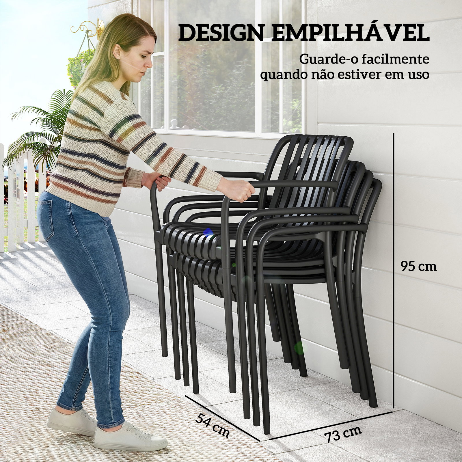 Conjunto de 4 cadeiras de jardim empilháveis em PP com encosto curvado e assento com ripas 55x58,5x81,5 cm preto