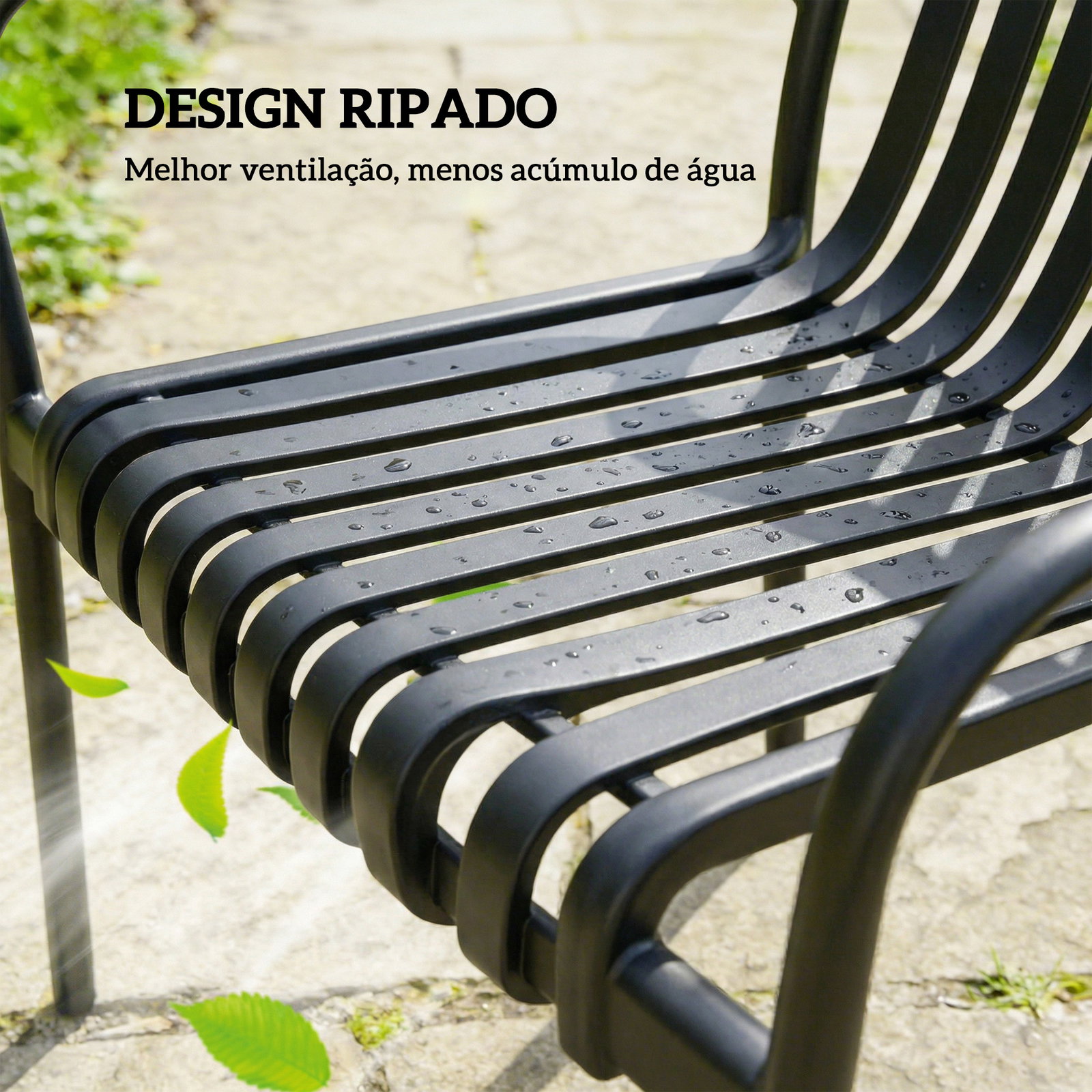 Conjunto de 4 cadeiras de jardim empilháveis em PP com encosto curvado e assento com ripas 55x58,5x81,5 cm preto