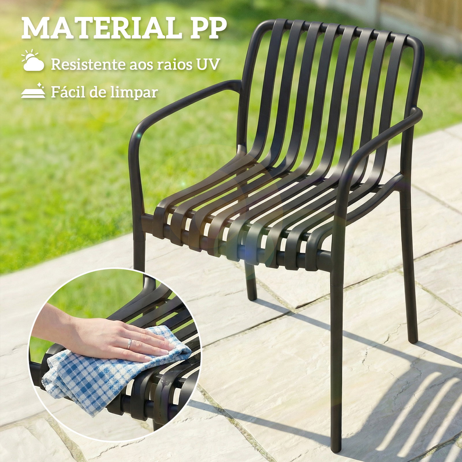 Conjunto de 4 cadeiras de jardim empilháveis em PP com encosto curvado e assento com ripas 55x58,5x81,5 cm preto