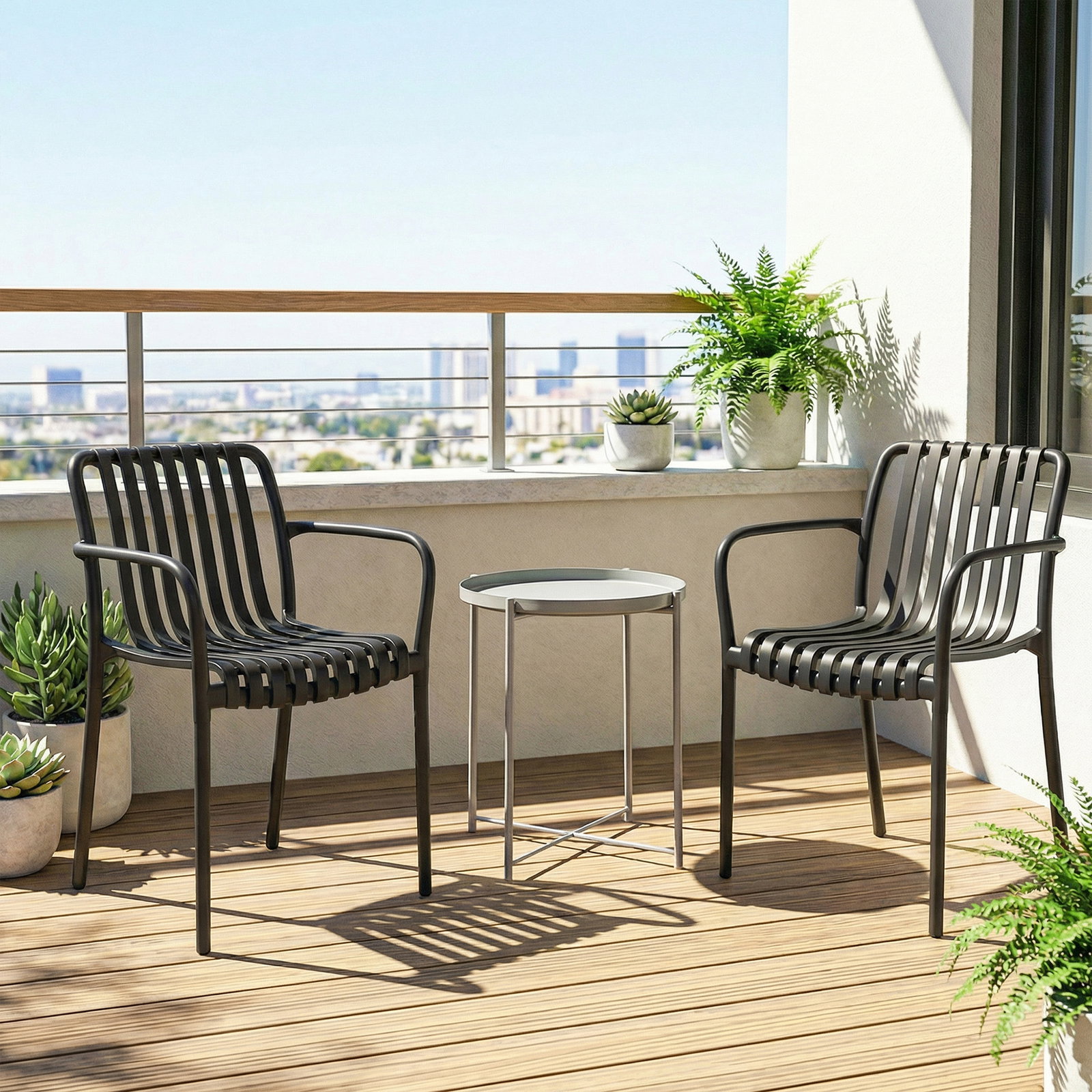 Conjunto de 4 cadeiras de jardim empilháveis em PP com encosto curvado e assento com ripas 55x58,5x81,5 cm preto