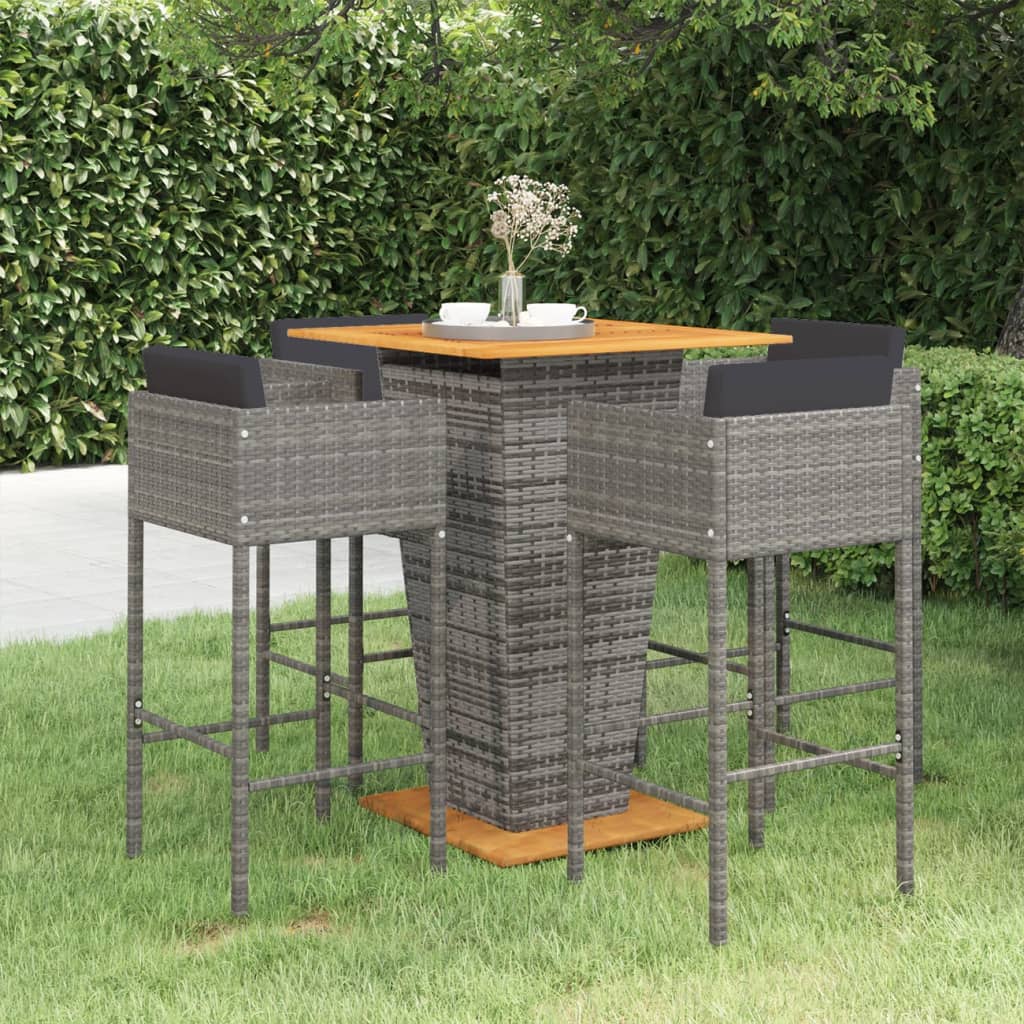 5 Pcs conjunto de bar p/ jardim c/ almofadões vime PE cinzento