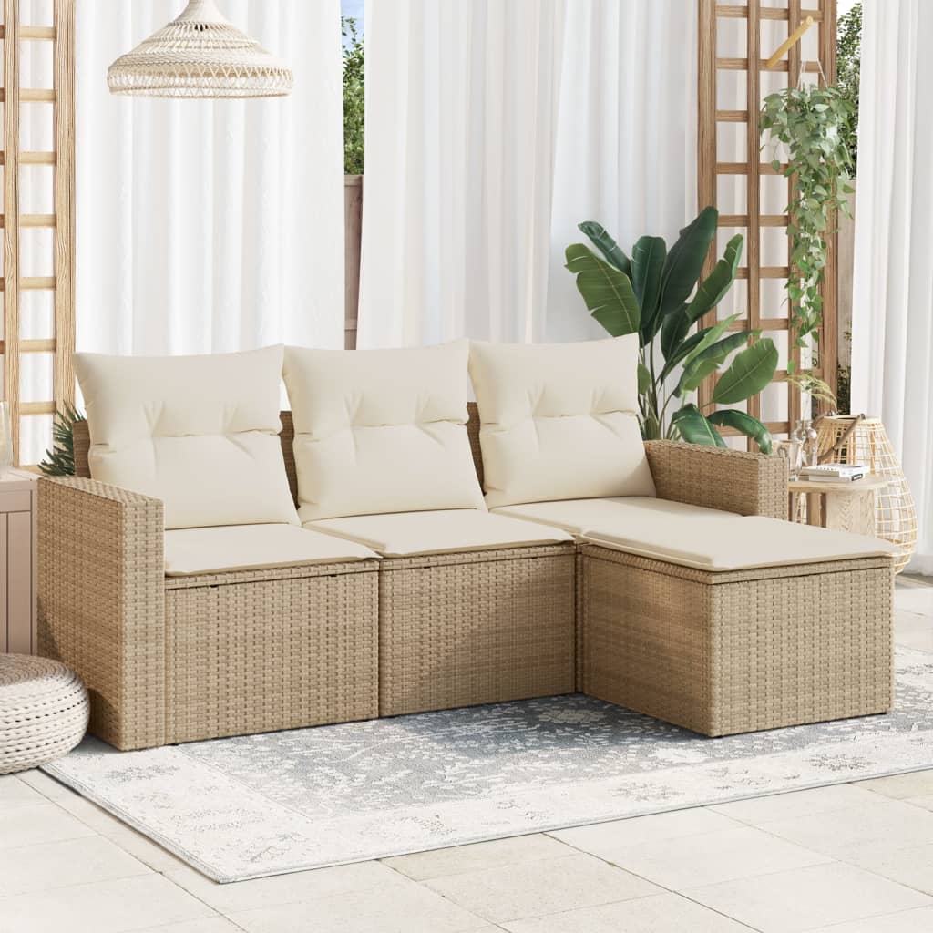 4 Pcs conjunto de sofás para jardim c/ almofadões vime PE bege