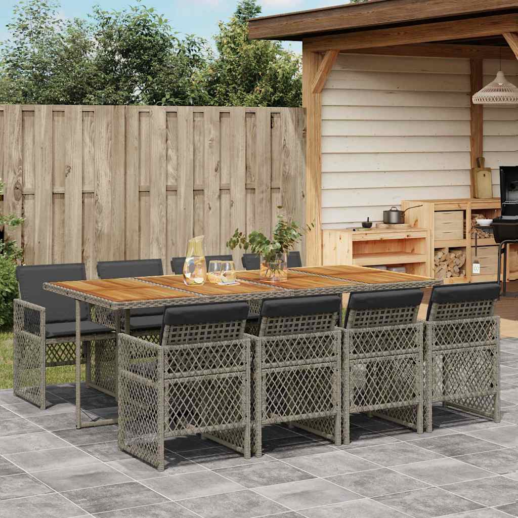9 Pcs conjunto de jantar p/ jardim c/ almofadões vime PE cinza