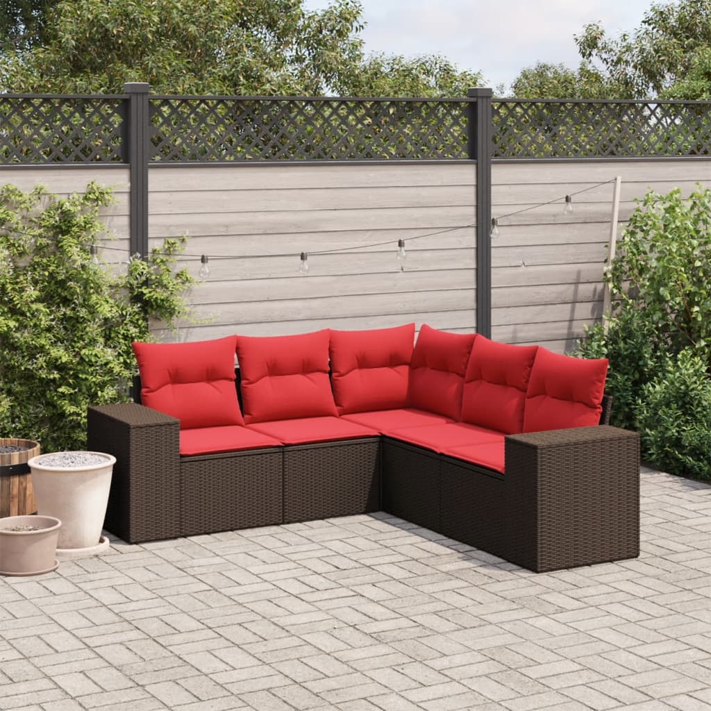 Conjunto de sofá de jardim de 5 peças com almofadas em rattan sintético marrom