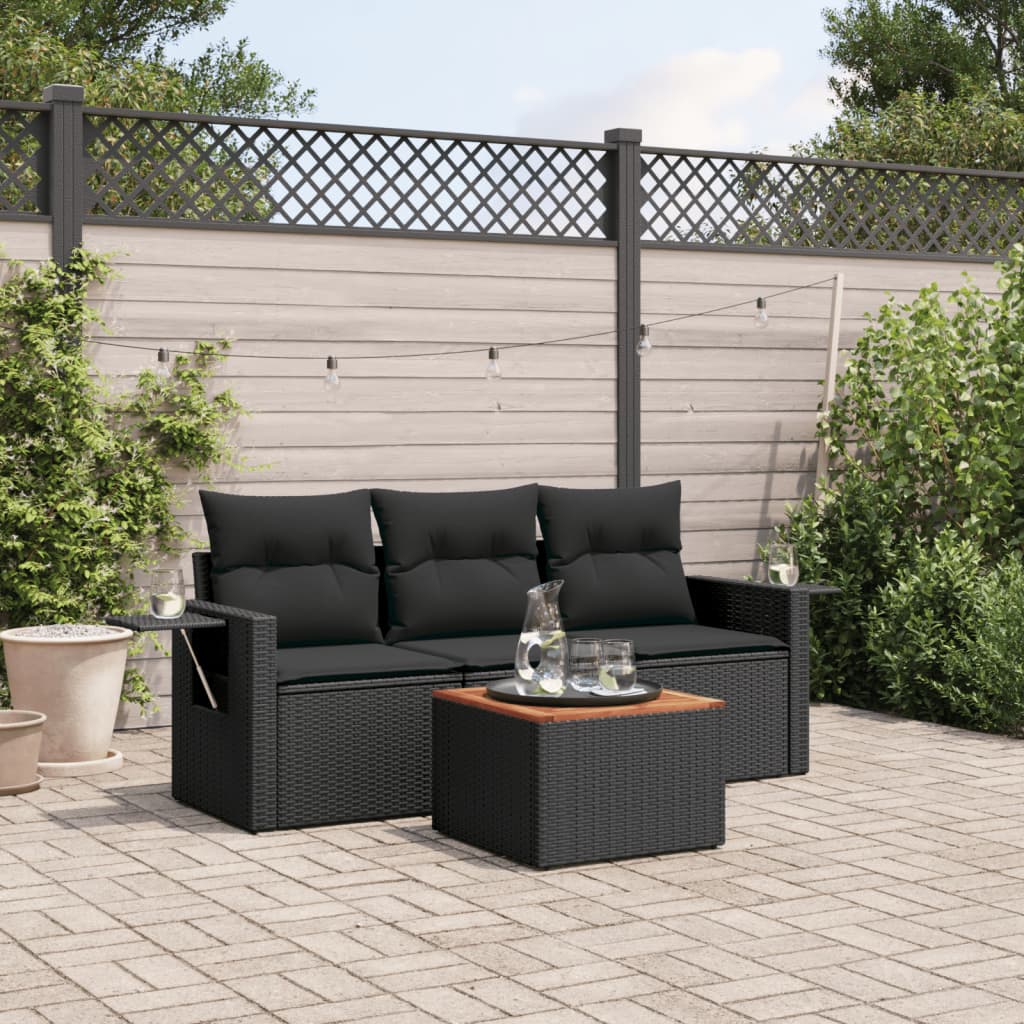 4 Pcs conjunto de sofás para jardim c/ almofadões vime PE preto