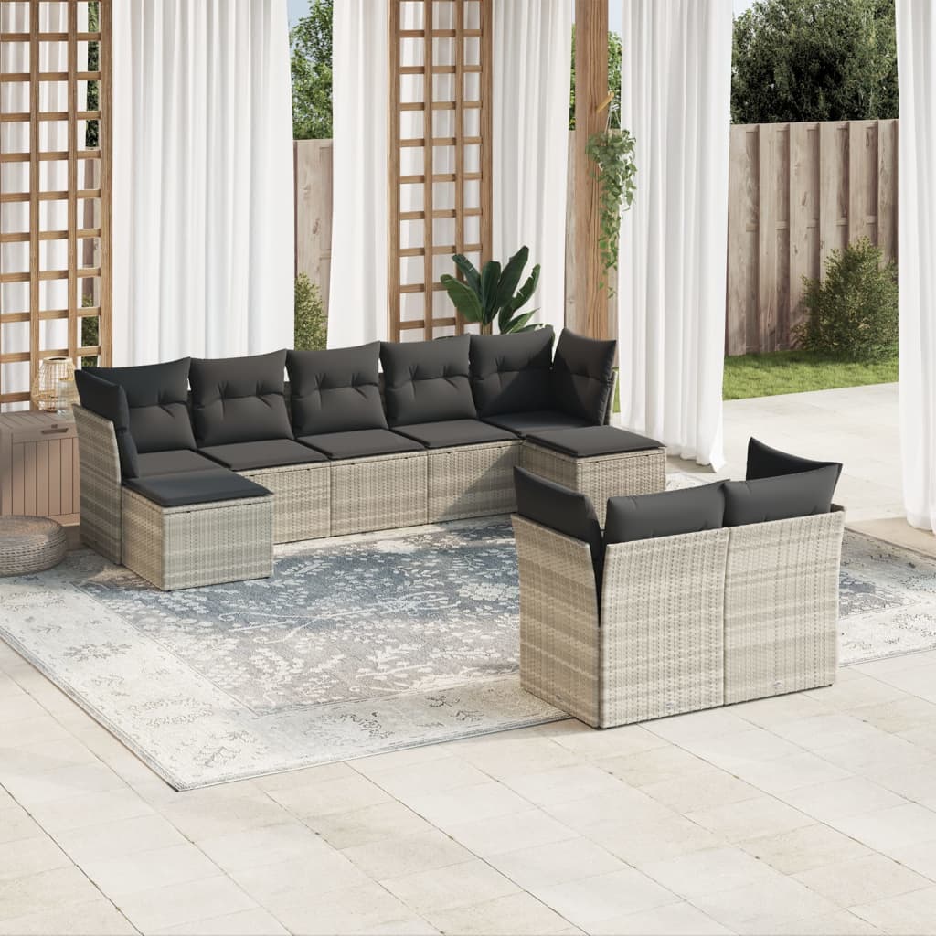 9 Pcs conj. sofás jardim com almofadões vime PE cinzento-claro