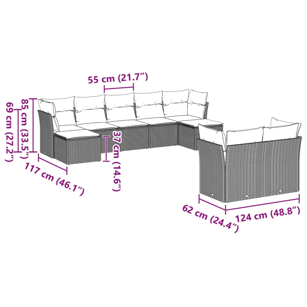 9 Pcs conj. sofás jardim com almofadões vime PE cinzento-claro