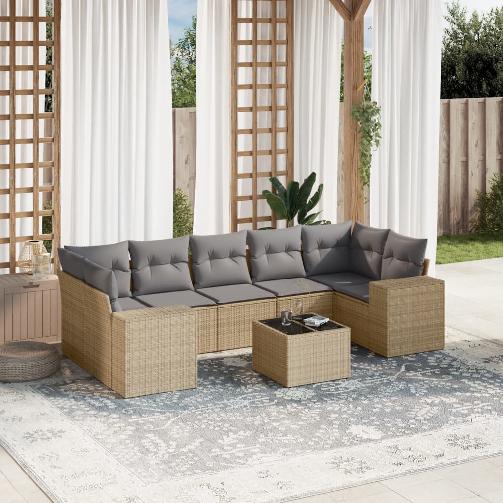 8 Pcs conjunto de sofás p/ jardim com almofadões vime PE bege