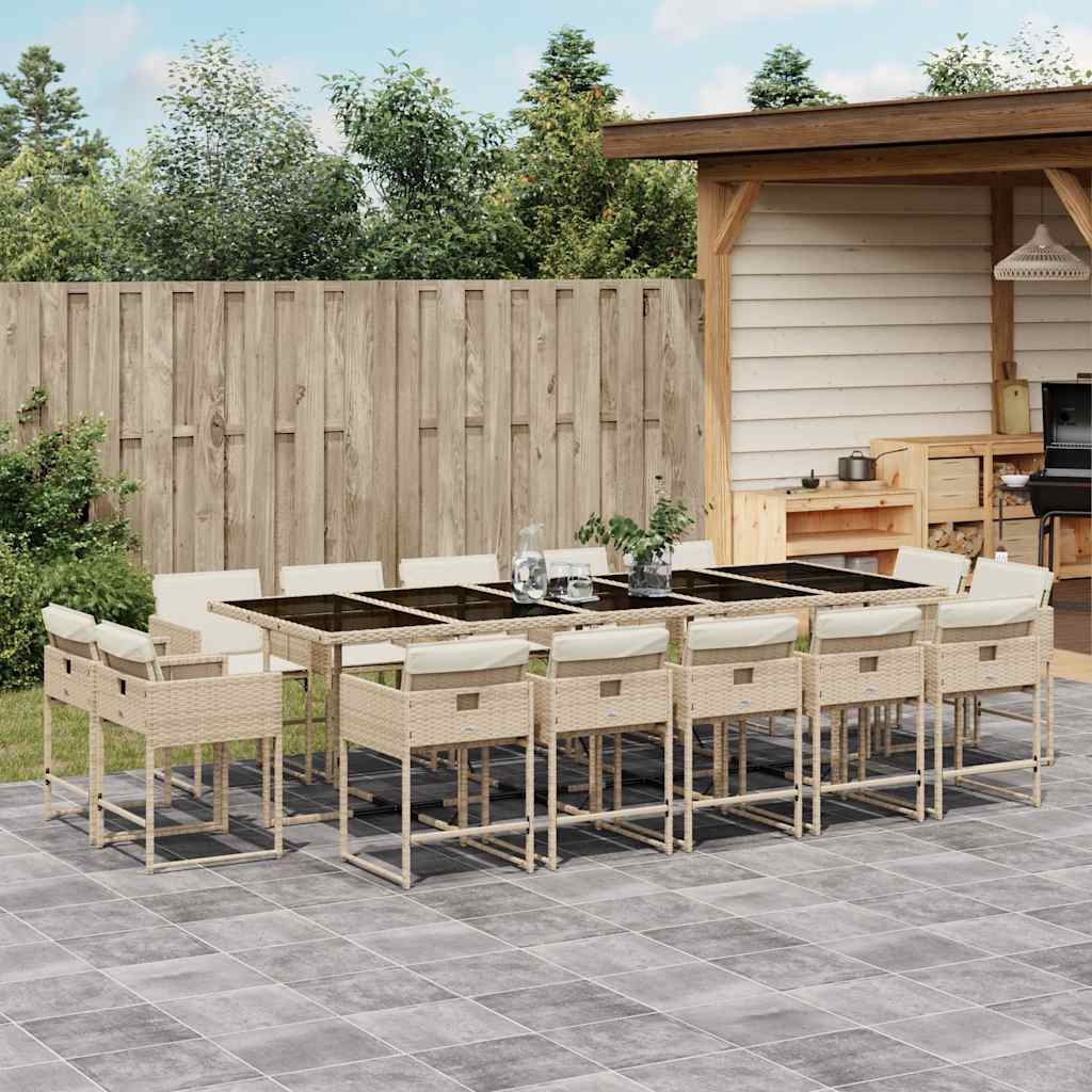 15 Pcs conjunto de jantar p/ jardim com almofadões vime PE bege