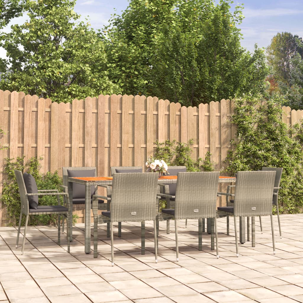 9 Pcs conjunto de jantar p/ jardim c/ almofadões vime PE cinza
