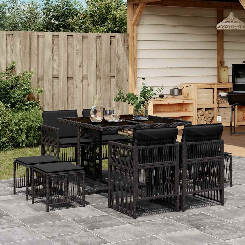 9 Pcs conjunto de jantar p/ jardim c/ almofadões vime PE preto