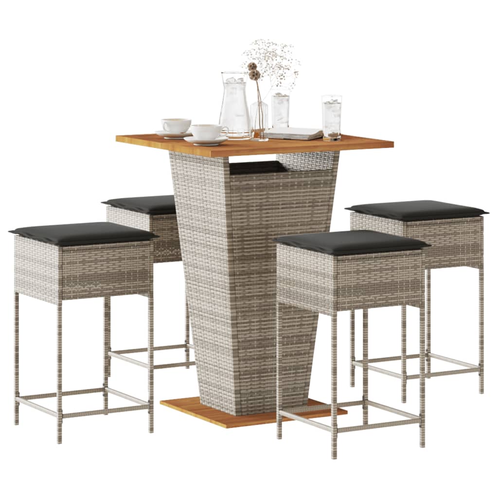 5 Pcs conjunto de bar p/ jardim c/ almofadões vime PE cinzento