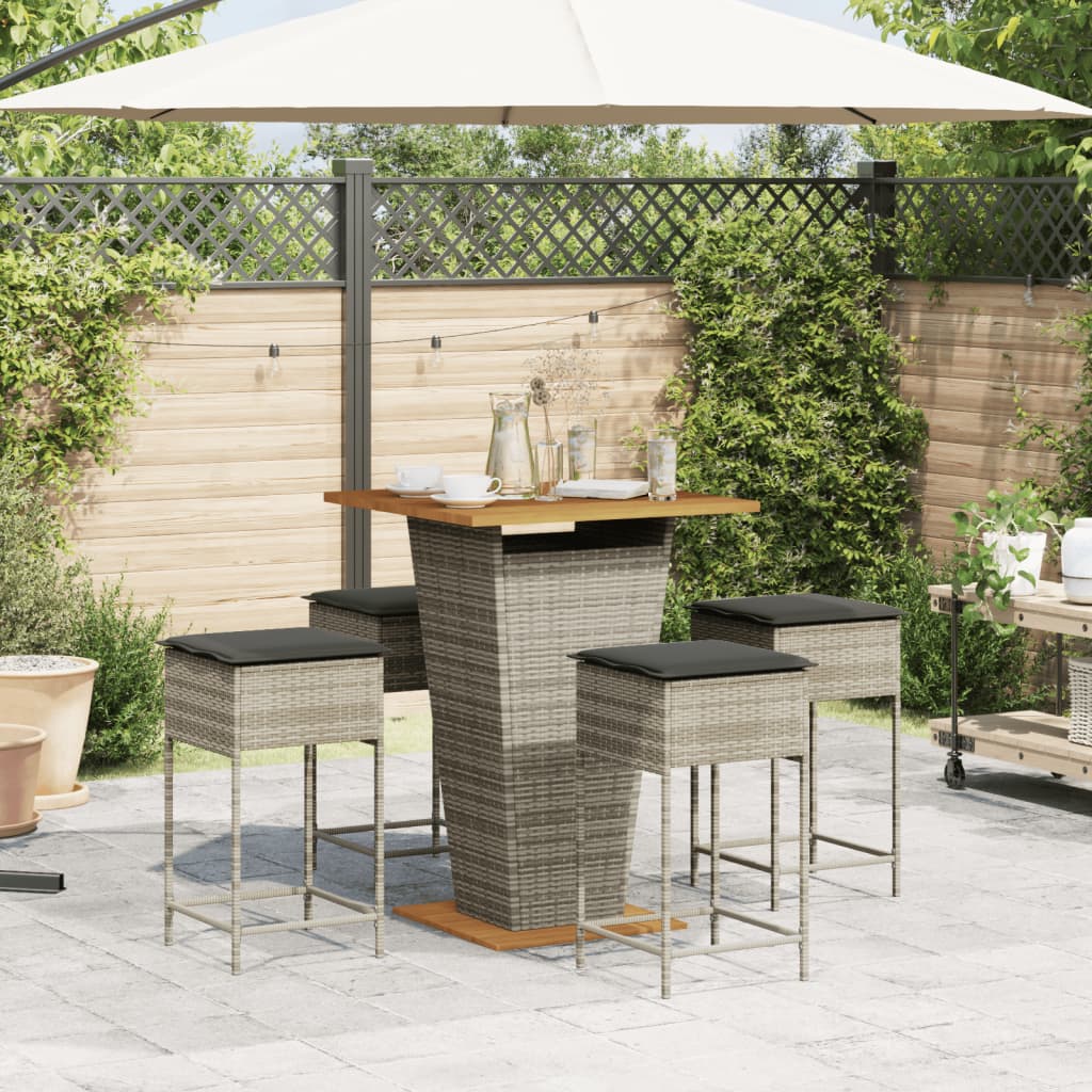 5 Pcs conjunto de bar p/ jardim c/ almofadões vime PE cinzento