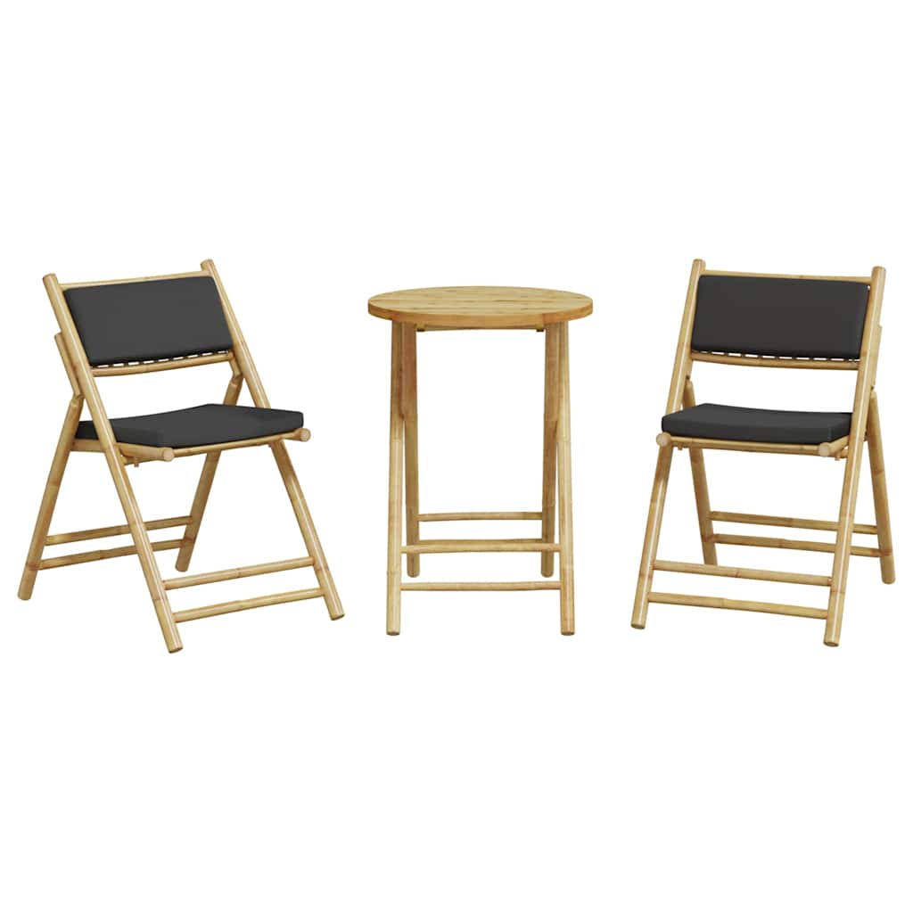 3 Pcs conjunto bistrô dobrável c/ almofadões cinza escuro bambu