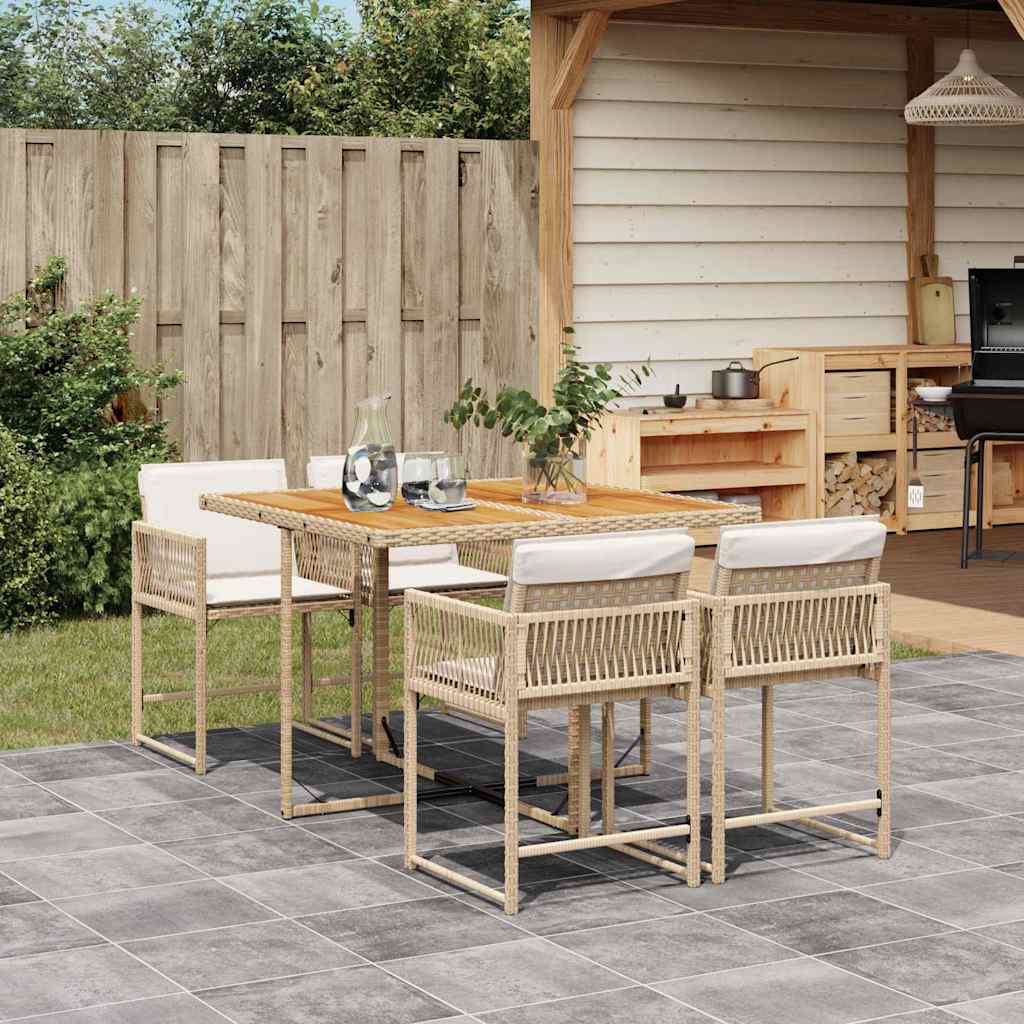 5 Pcs conjunto de jantar p/ jardim com almofadões vime PE bege