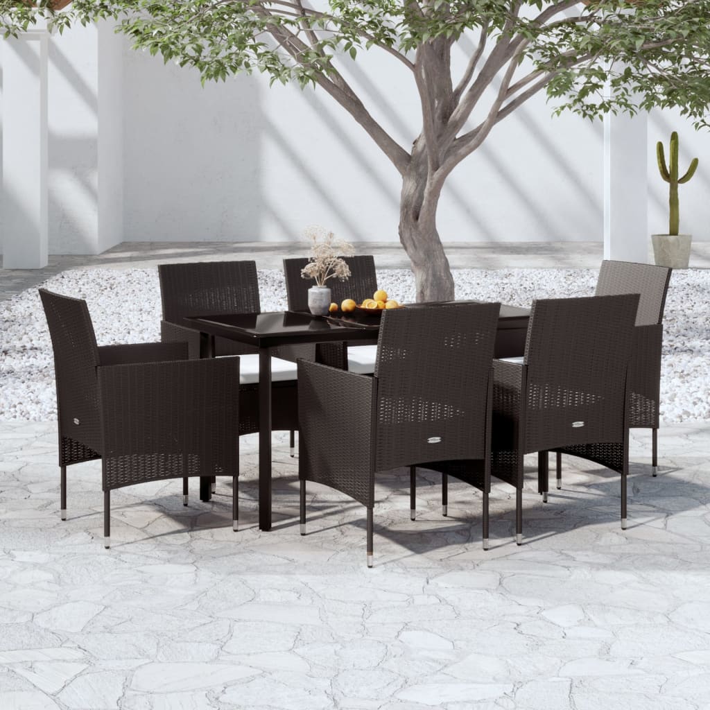 7 Pcs conjunto de jantar para jardim com almofadões preto