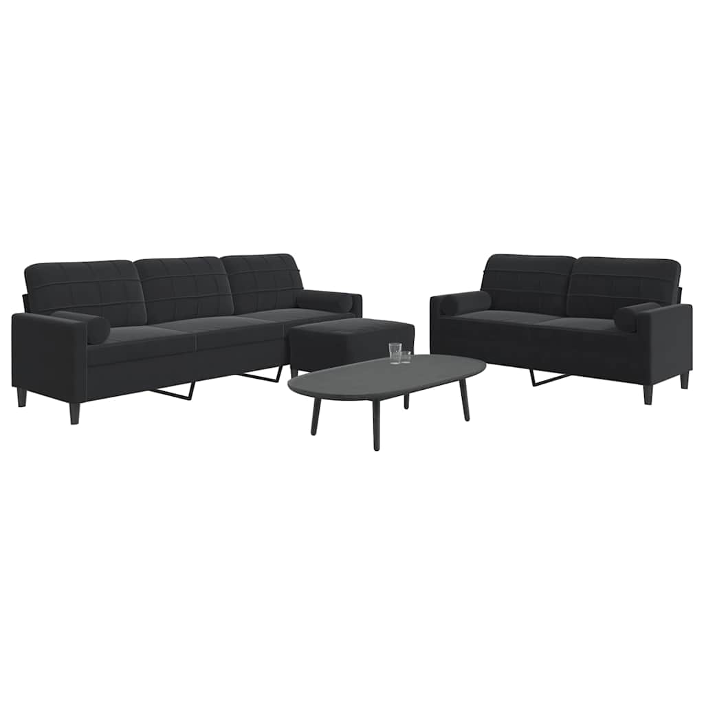 3 Pcs conjunto de sofás com almofadões e rolos veludo preto