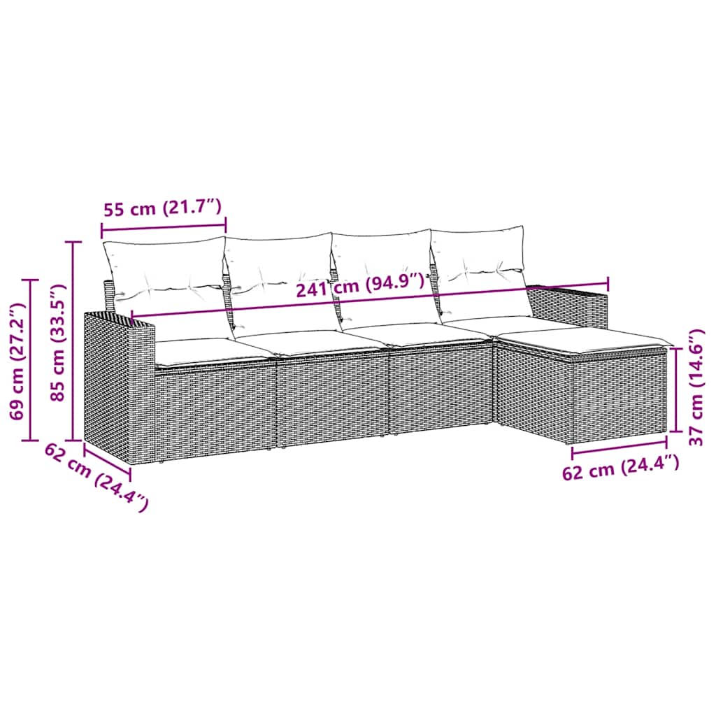 5 Pcs conjunto sofás de jardim com almofadões vime PE preto