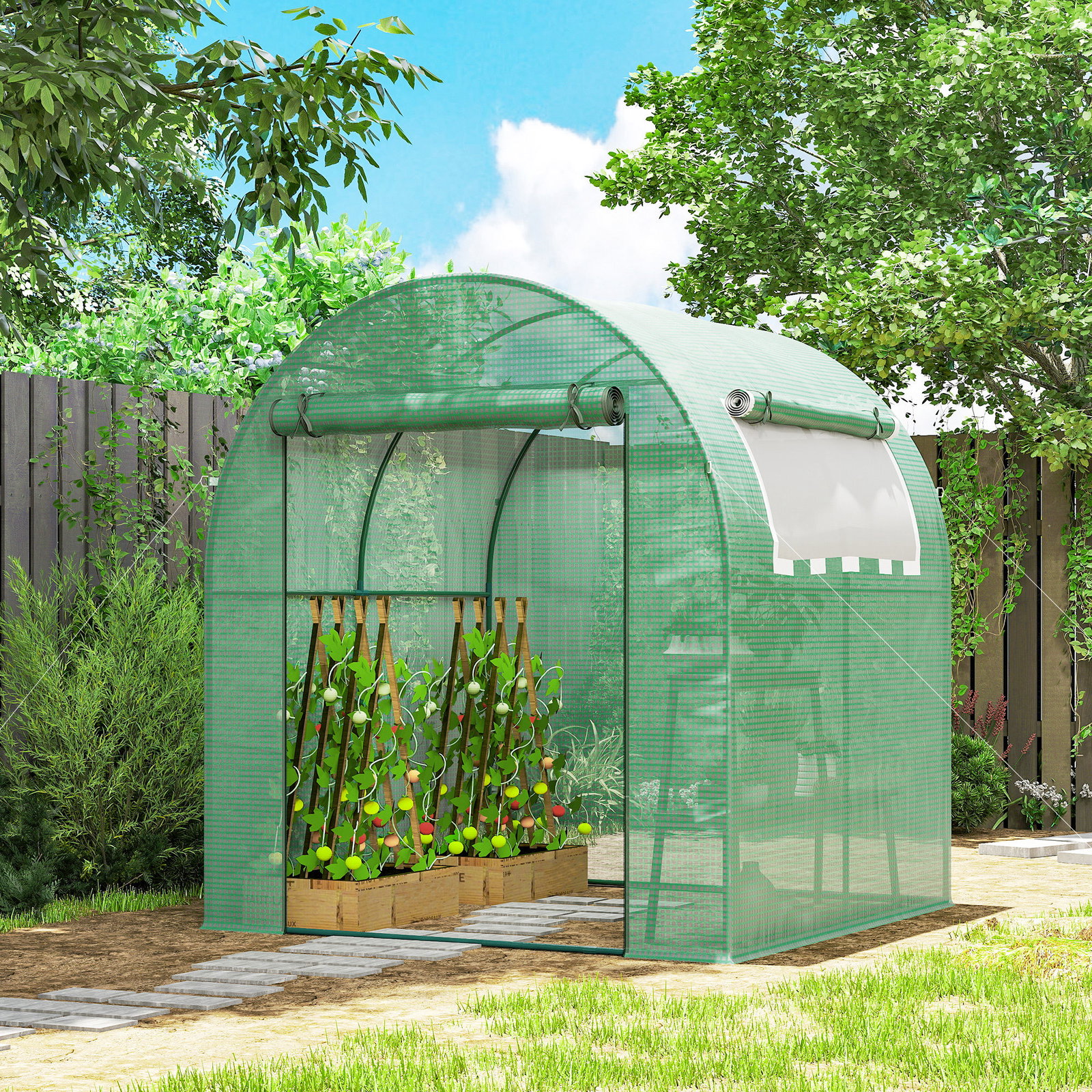 Estufa de jardim 180x180x200 cm estufa tipo túnel pequena com porta enrolável e janela de malha para cultivar plantas flores verde