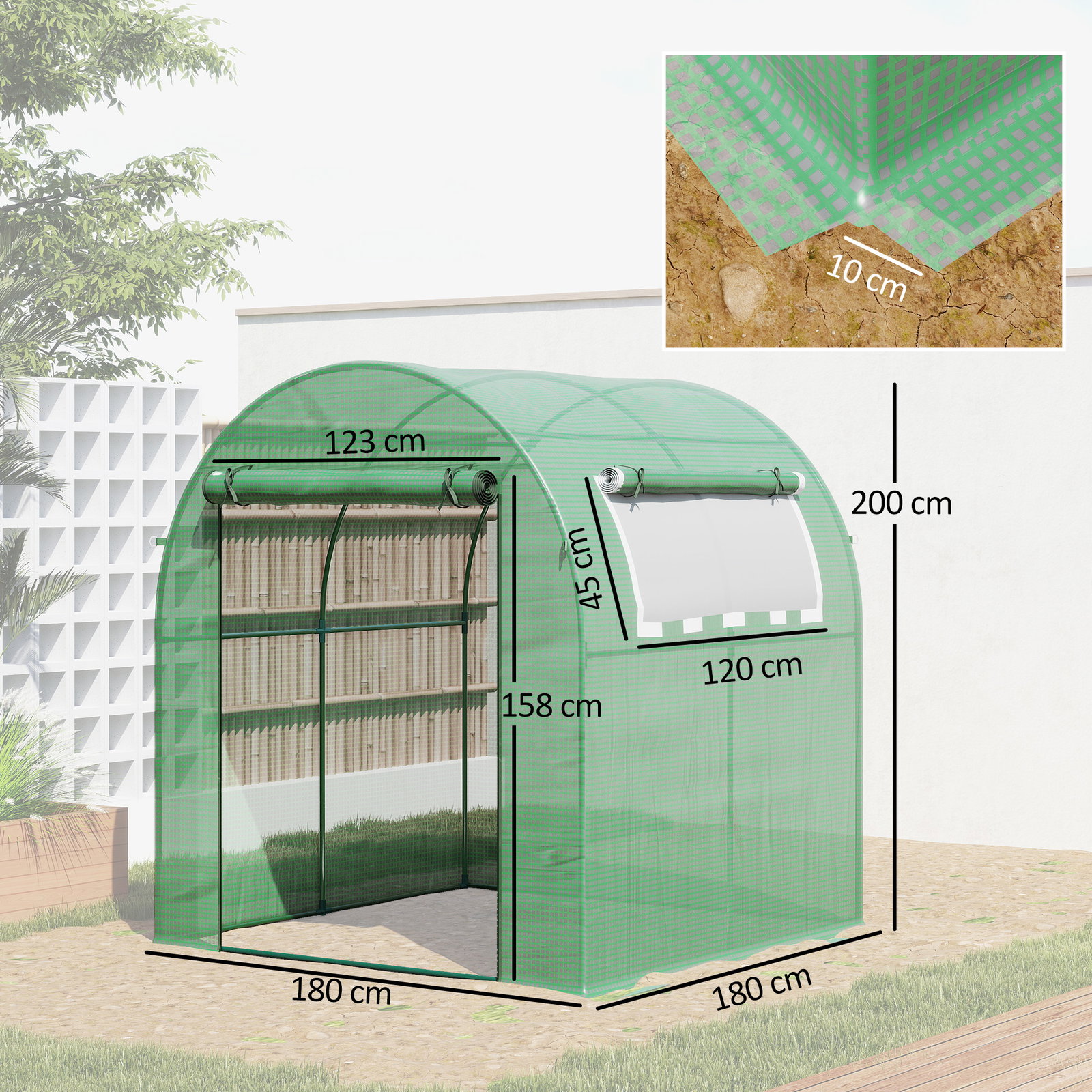 Estufa de jardim 180x180x200 cm estufa tipo túnel pequena com porta enrolável e janela de malha para cultivar plantas flores verde