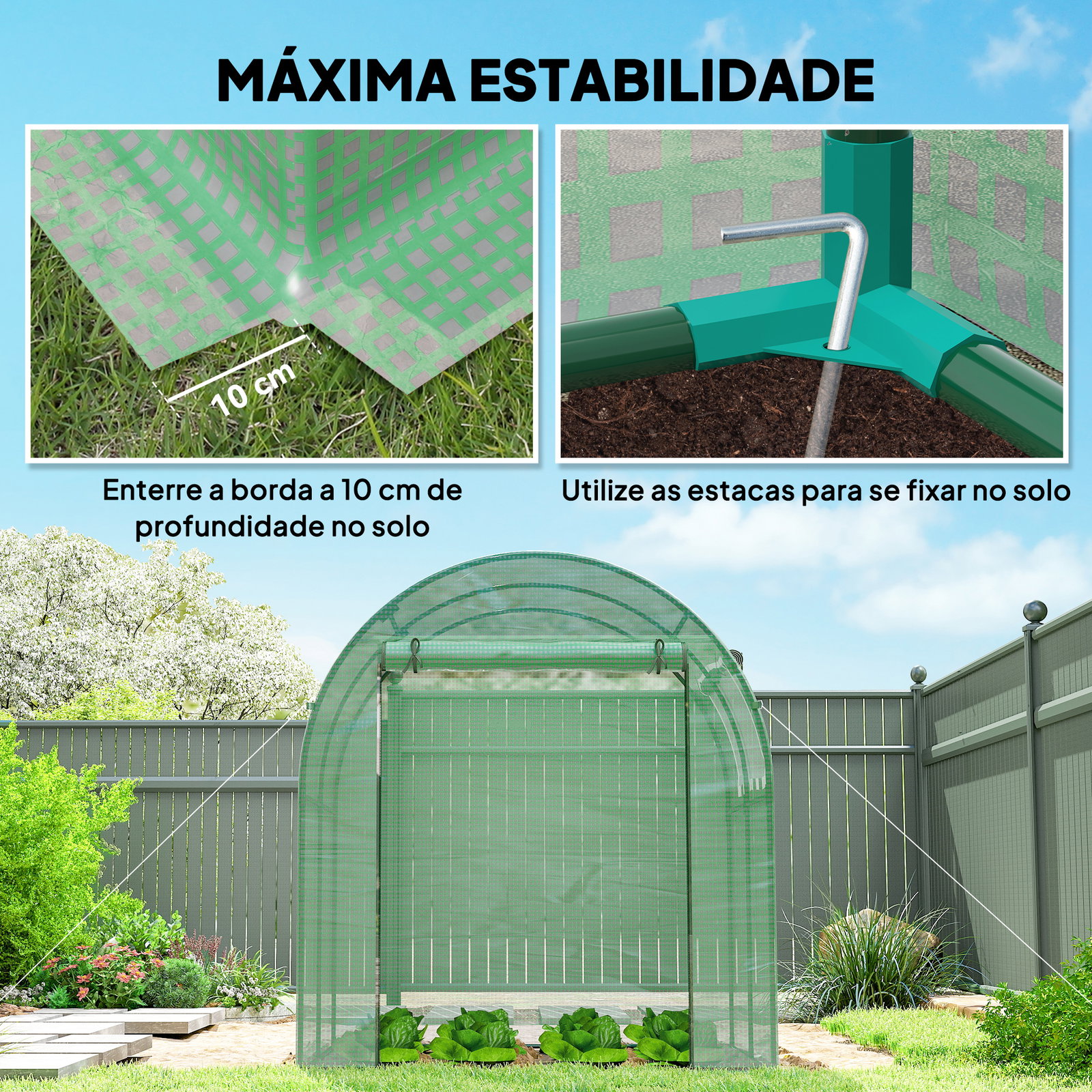 Estufa de jardim 180x180x200 cm estufa tipo túnel pequena com porta enrolável e janela de malha para cultivar plantas flores verde