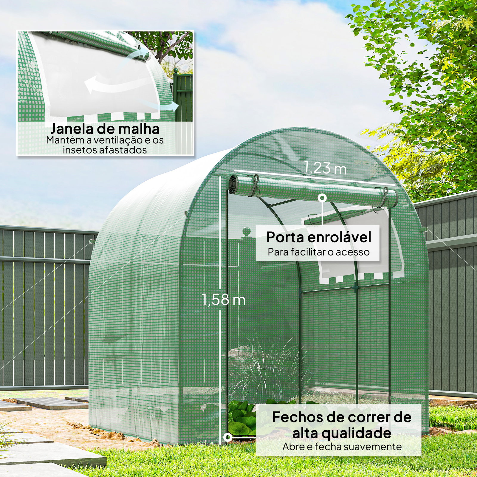 Estufa de jardim 180x180x200 cm estufa tipo túnel pequena com porta enrolável e janela de malha para cultivar plantas flores verde