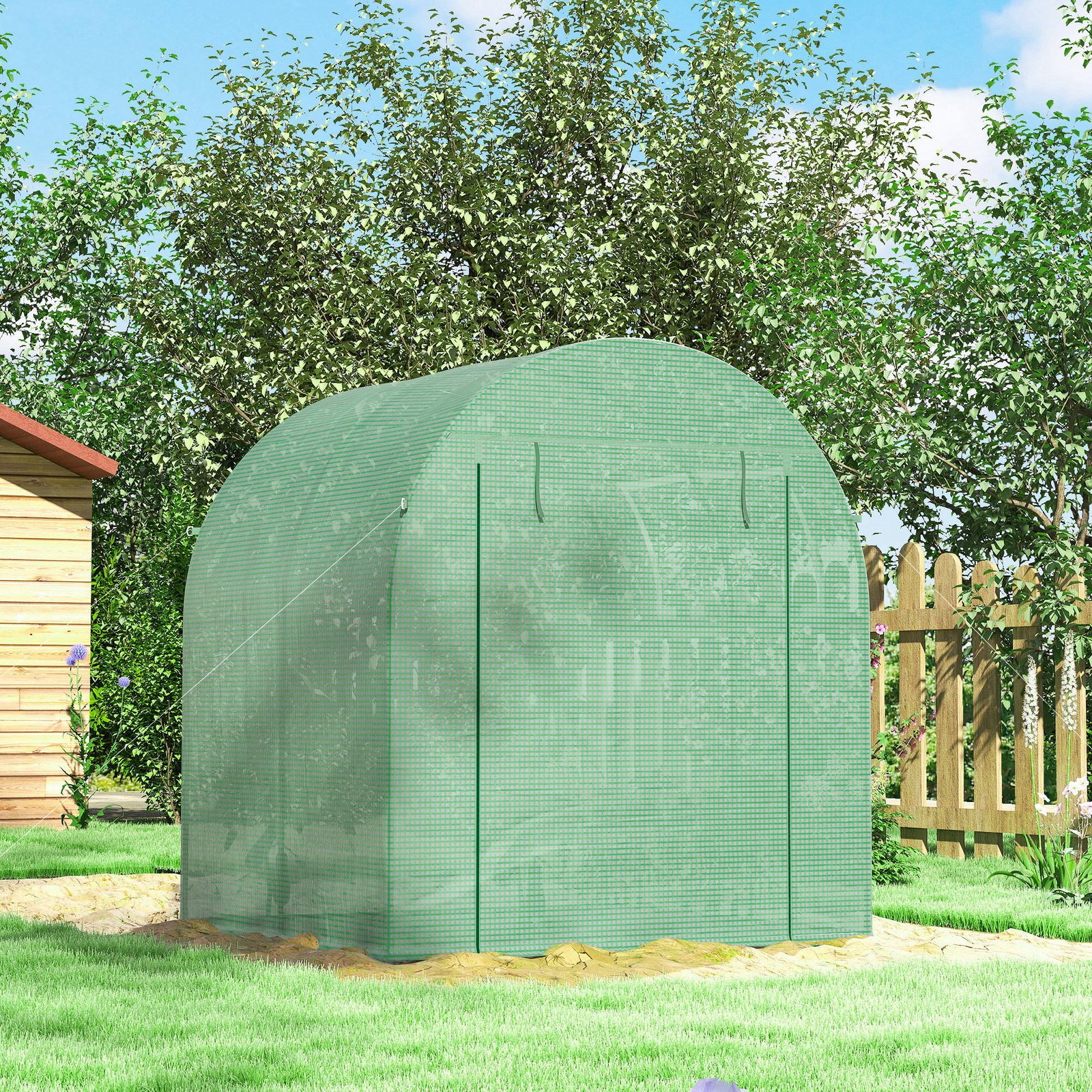 Estufa de jardim 180x180x200 cm estufa tipo túnel pequena com porta enrolável e janela de malha para cultivar plantas flores verde