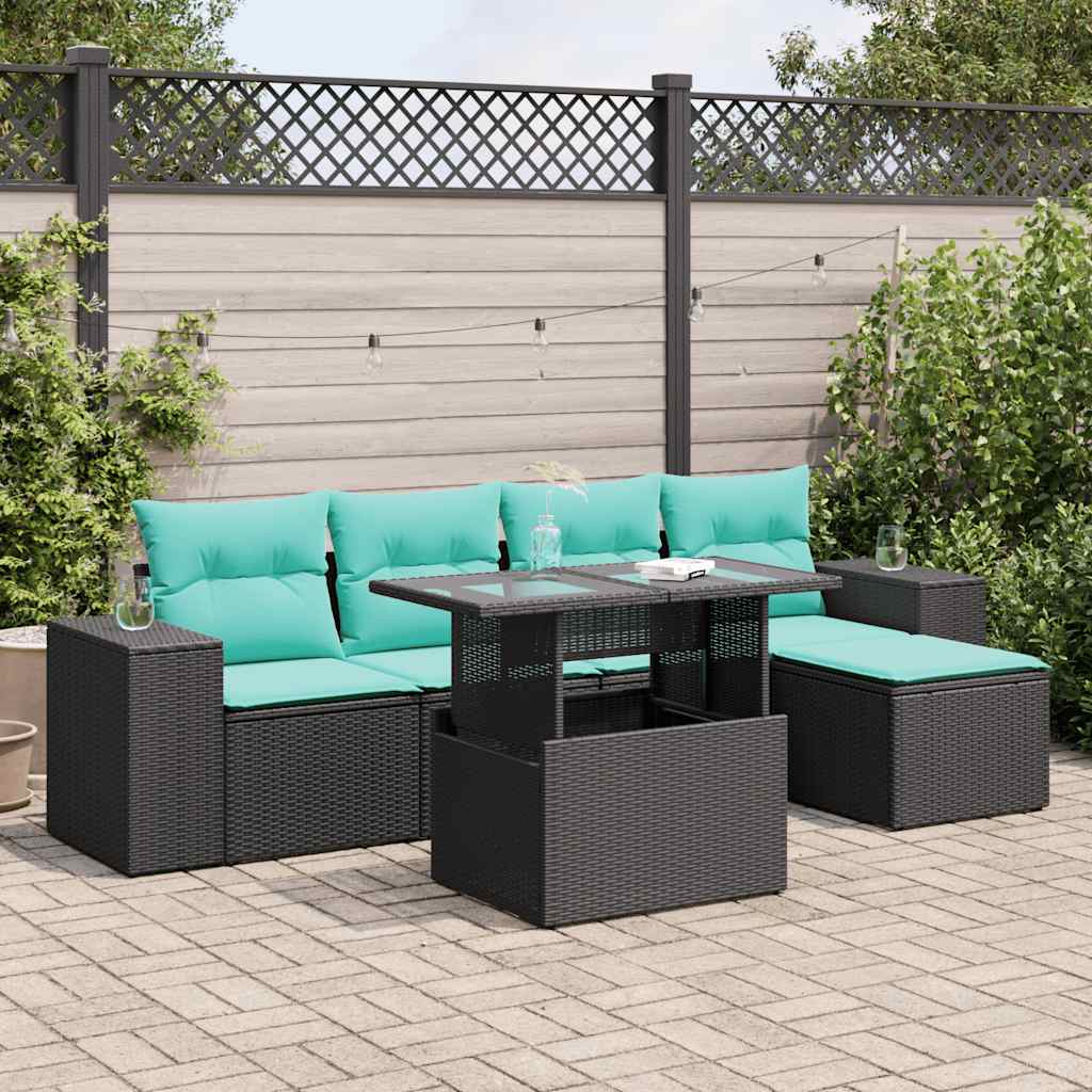 6 Pcs conjunto sofás jardim c/ almofadões vime PE/acácia preto