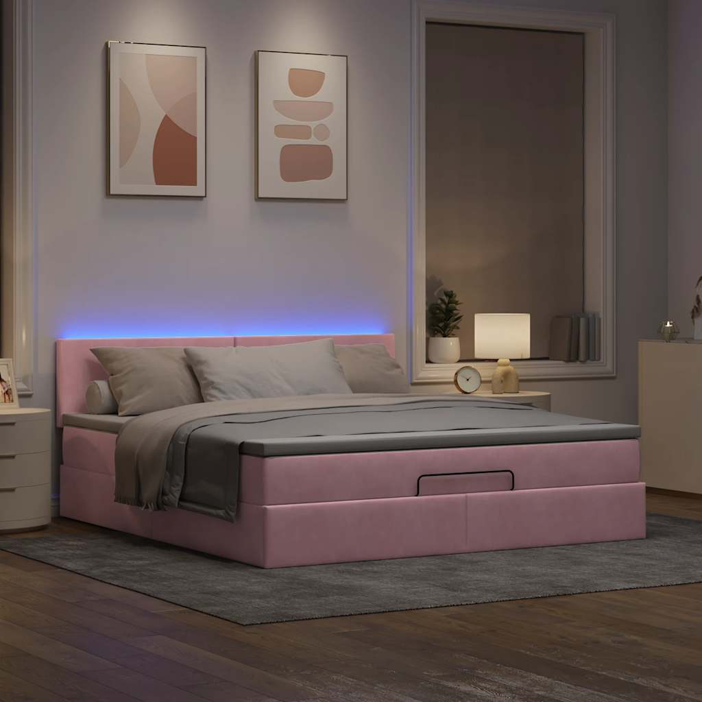 Cama otomana com colchão & leds 180x200cm veludo rosa