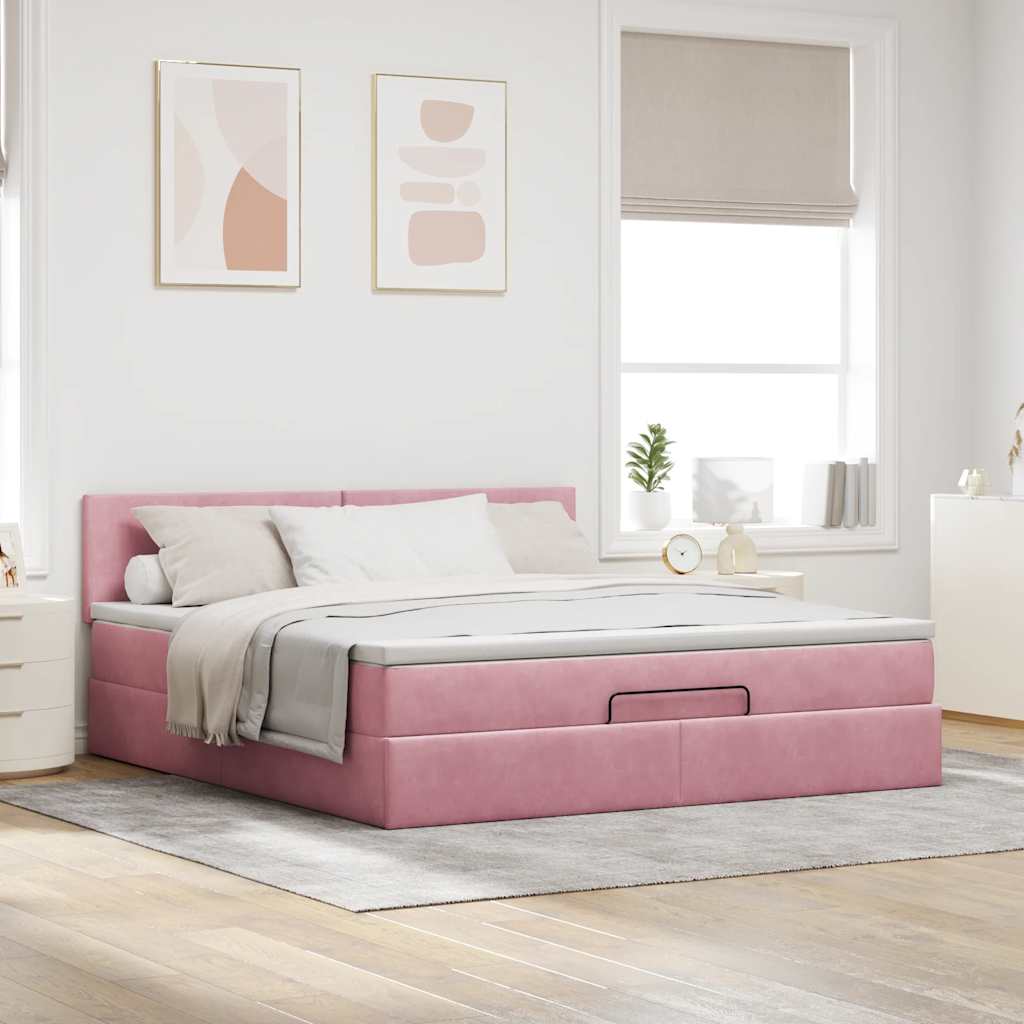 Cama otomana com colchão & leds 180x200cm veludo rosa