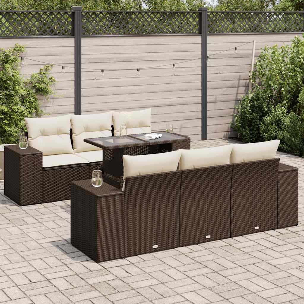7 Pcs conjunto de sofás jardim c/ almofadões vime PE castanho