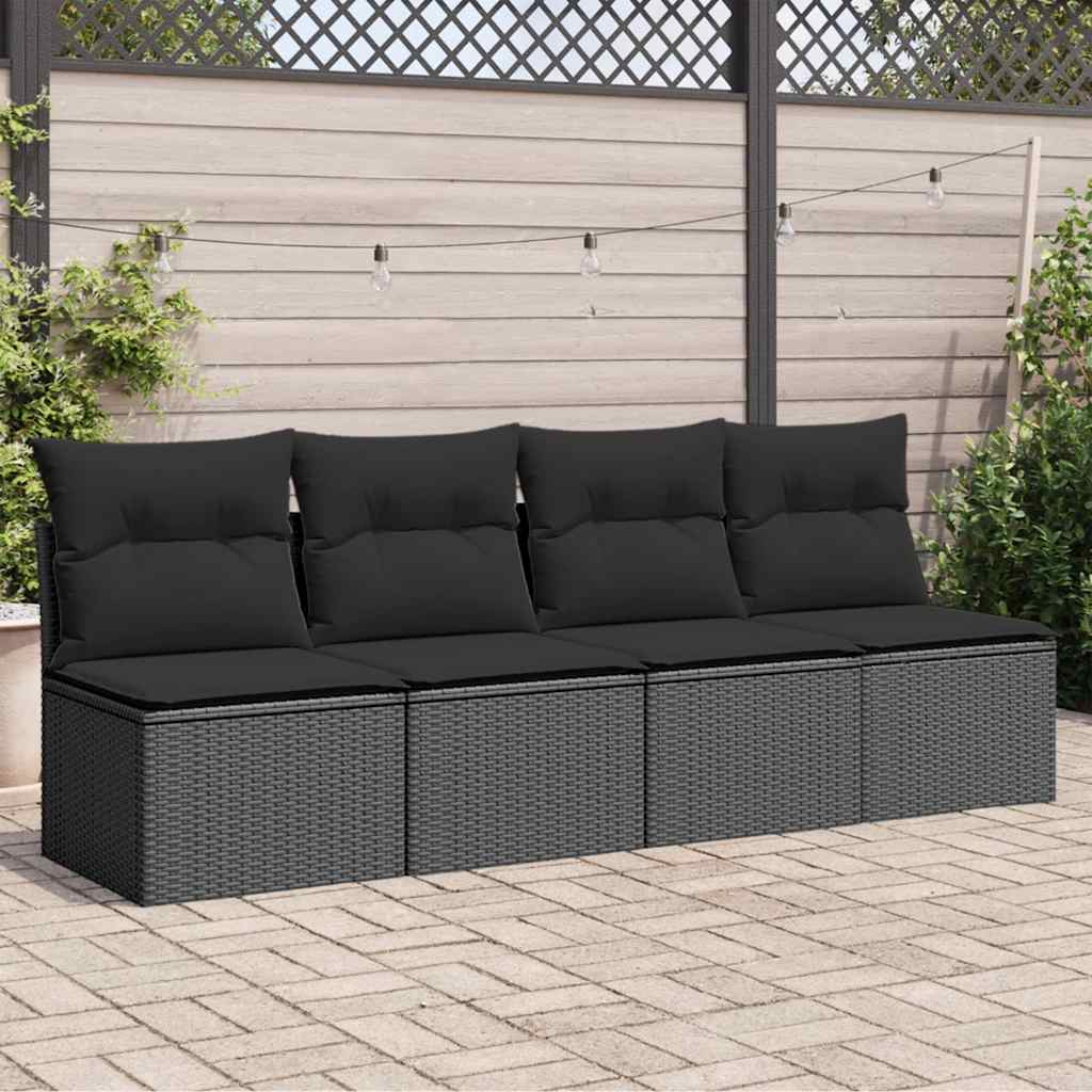 Sofá de jardim com almofadas, 4 lugares, vime sintético preto