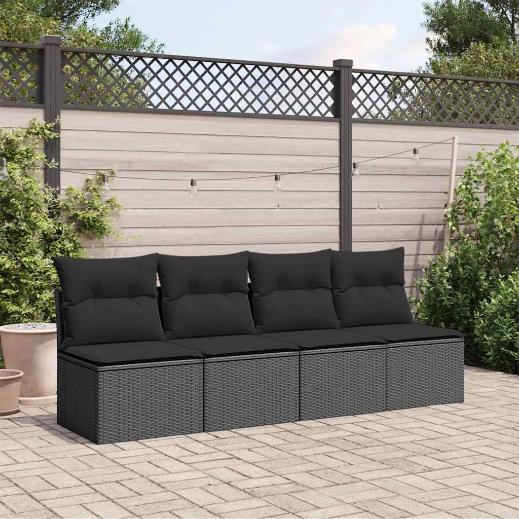 Sofá de jardim com almofadas, 4 lugares, vime sintético preto