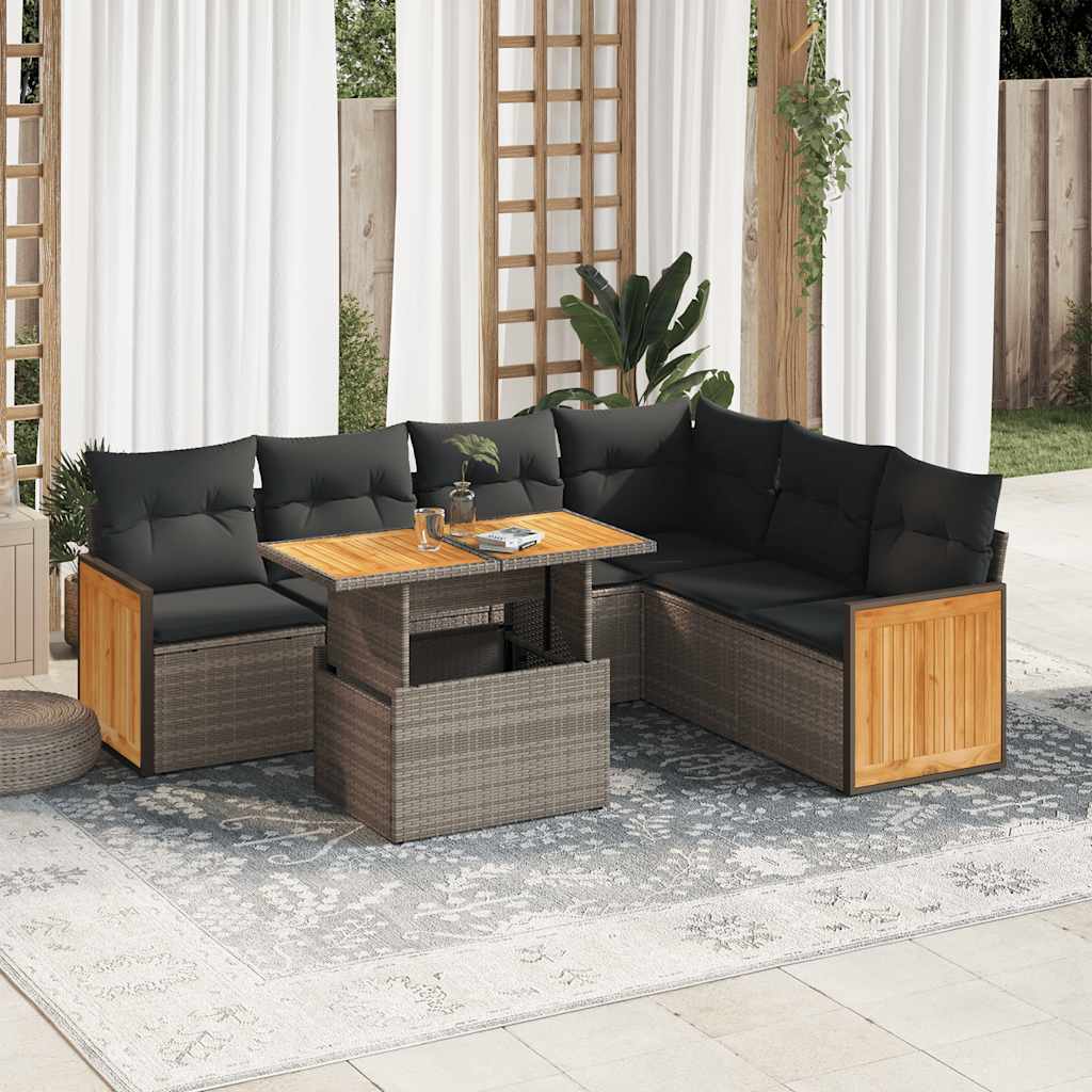 7 Pcs conjunto sofás jardim almofadões vime PE/acácia cinzento