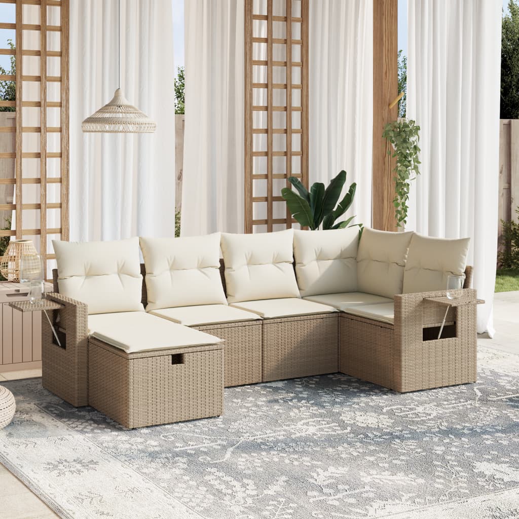 6 Pcs conjunto de sofás p/ jardim com almofadões vime PE bege