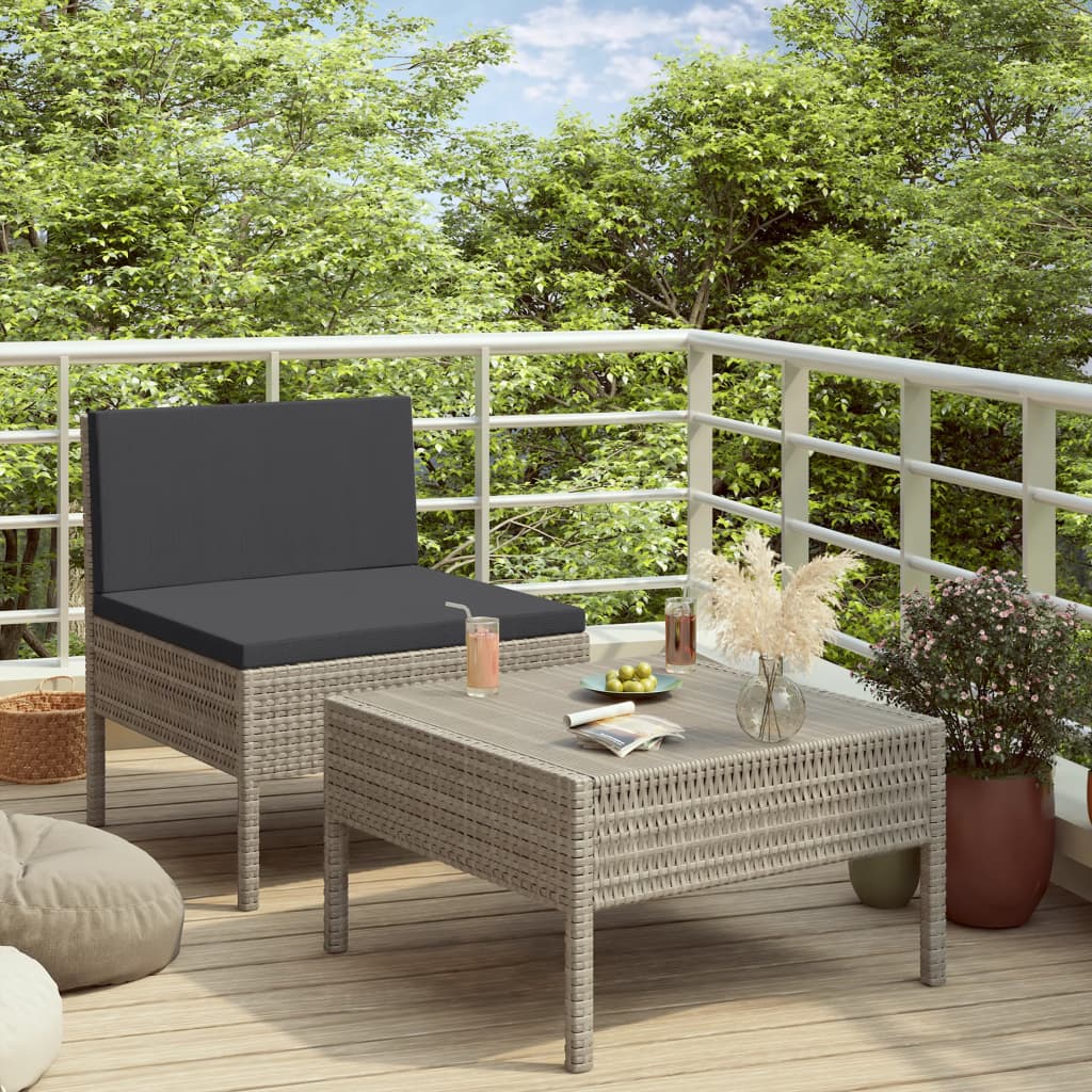 2 Pcs conjunto lounge de jardim c/ almofadões vime PE cinzento