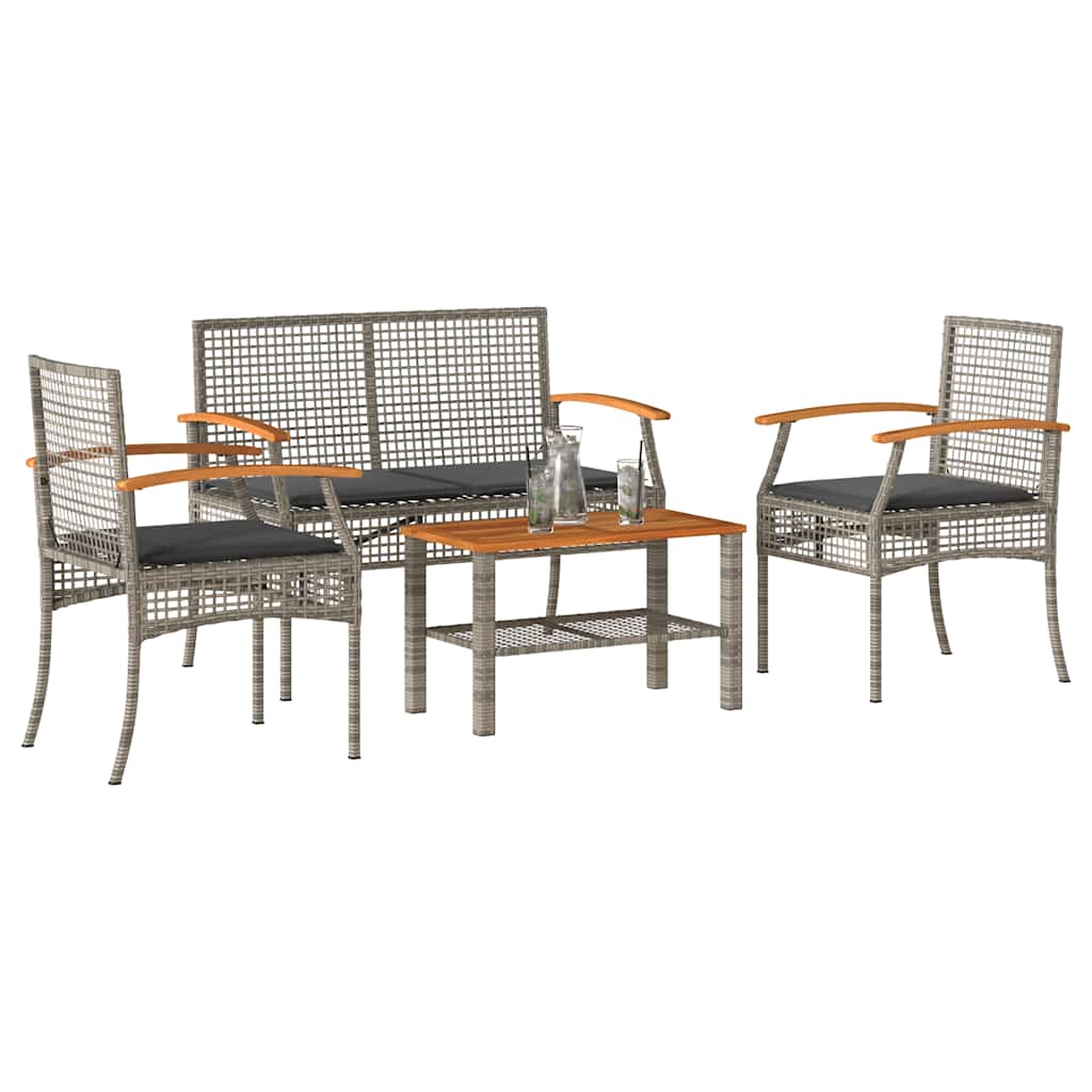 4 Pcs conjunto lounge de jardim c/ almofadões vime PE cinzento