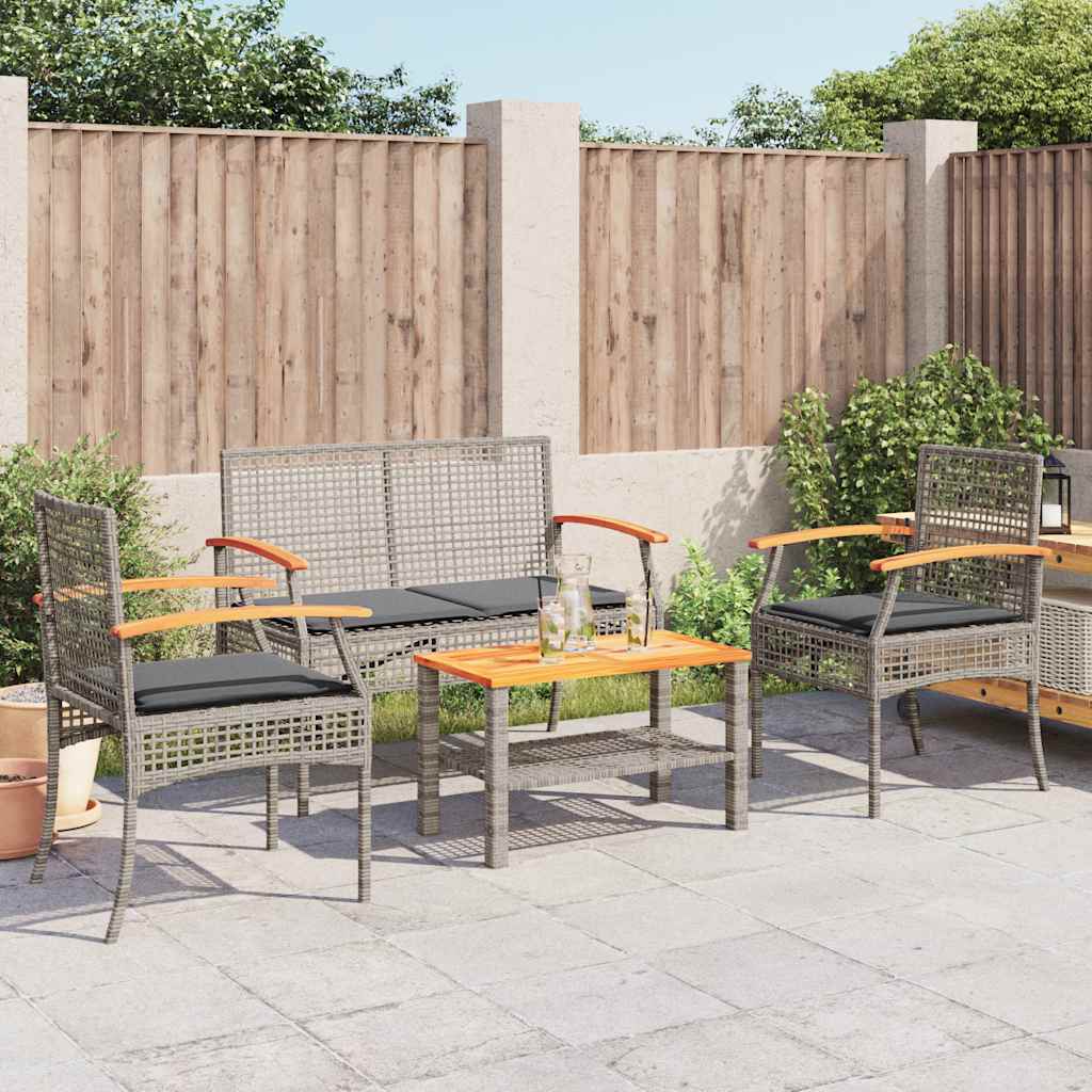 4 Pcs conjunto lounge de jardim c/ almofadões vime PE cinzento