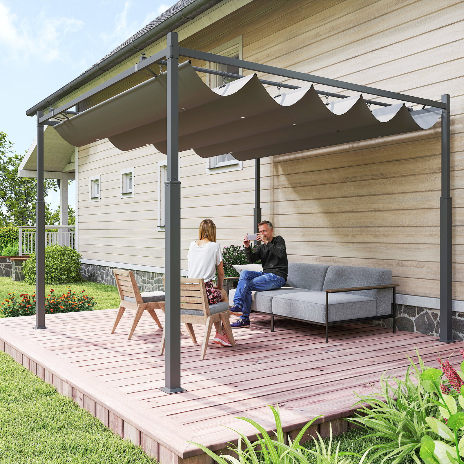 Pérgola de jardim 3x3 m com teto retrátil e acessório magnético proteção uv30+ colunas metálicas e ganchos cinzento