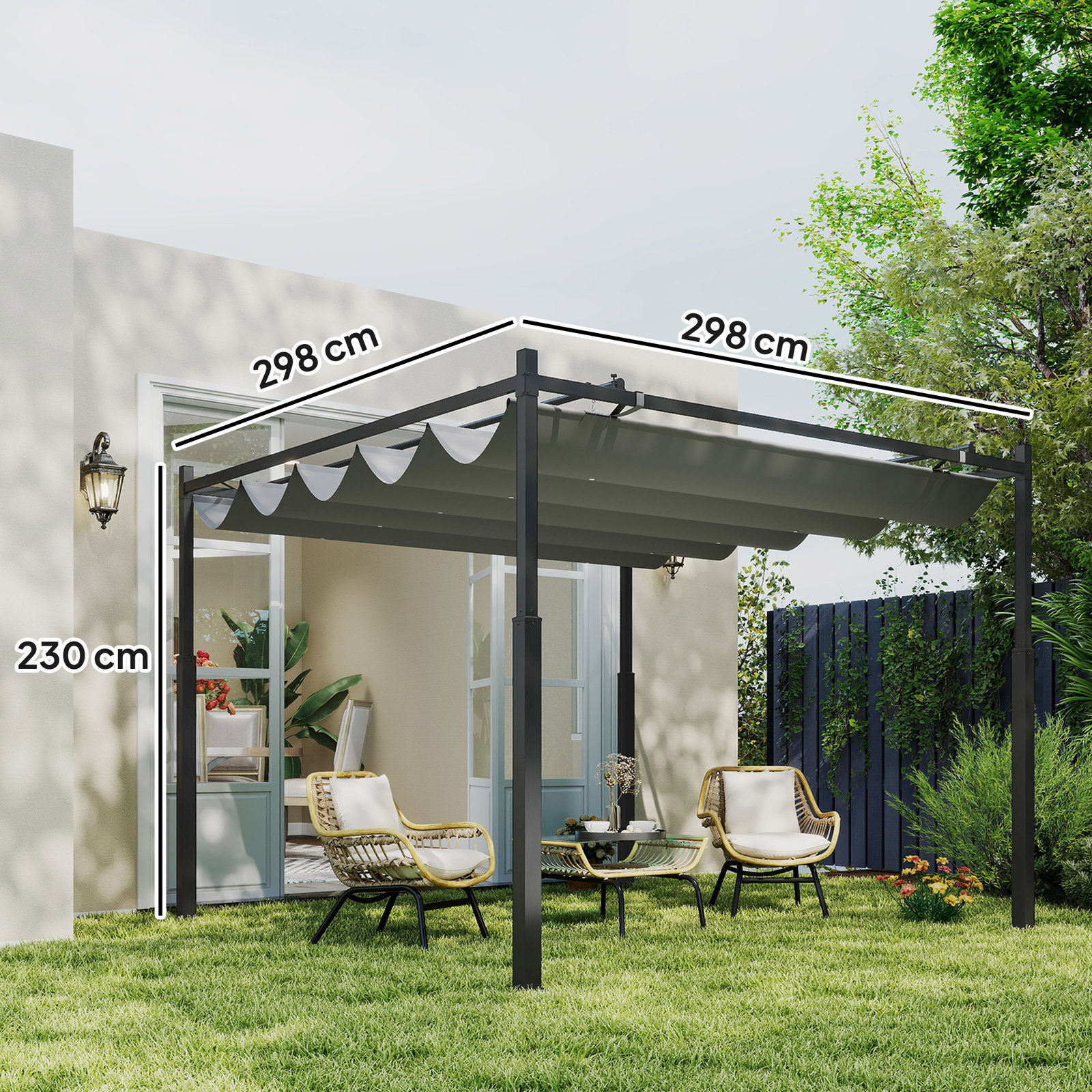 Pérgola de jardim 3x3 m com teto retrátil e acessório magnético proteção uv30+ colunas metálicas e ganchos cinzento