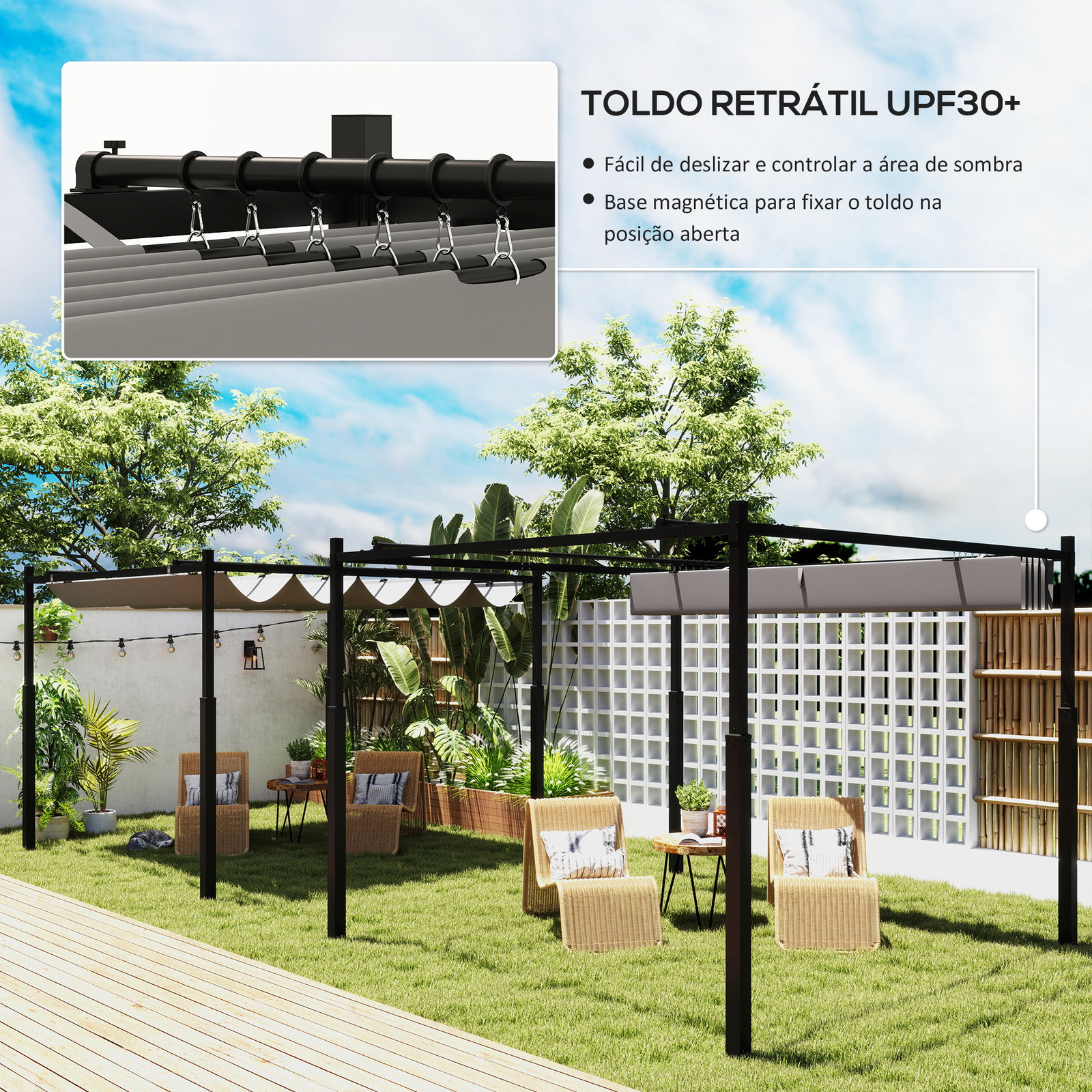 Pérgola de jardim 3x3 m com teto retrátil e acessório magnético proteção uv30+ colunas metálicas e ganchos cinzento