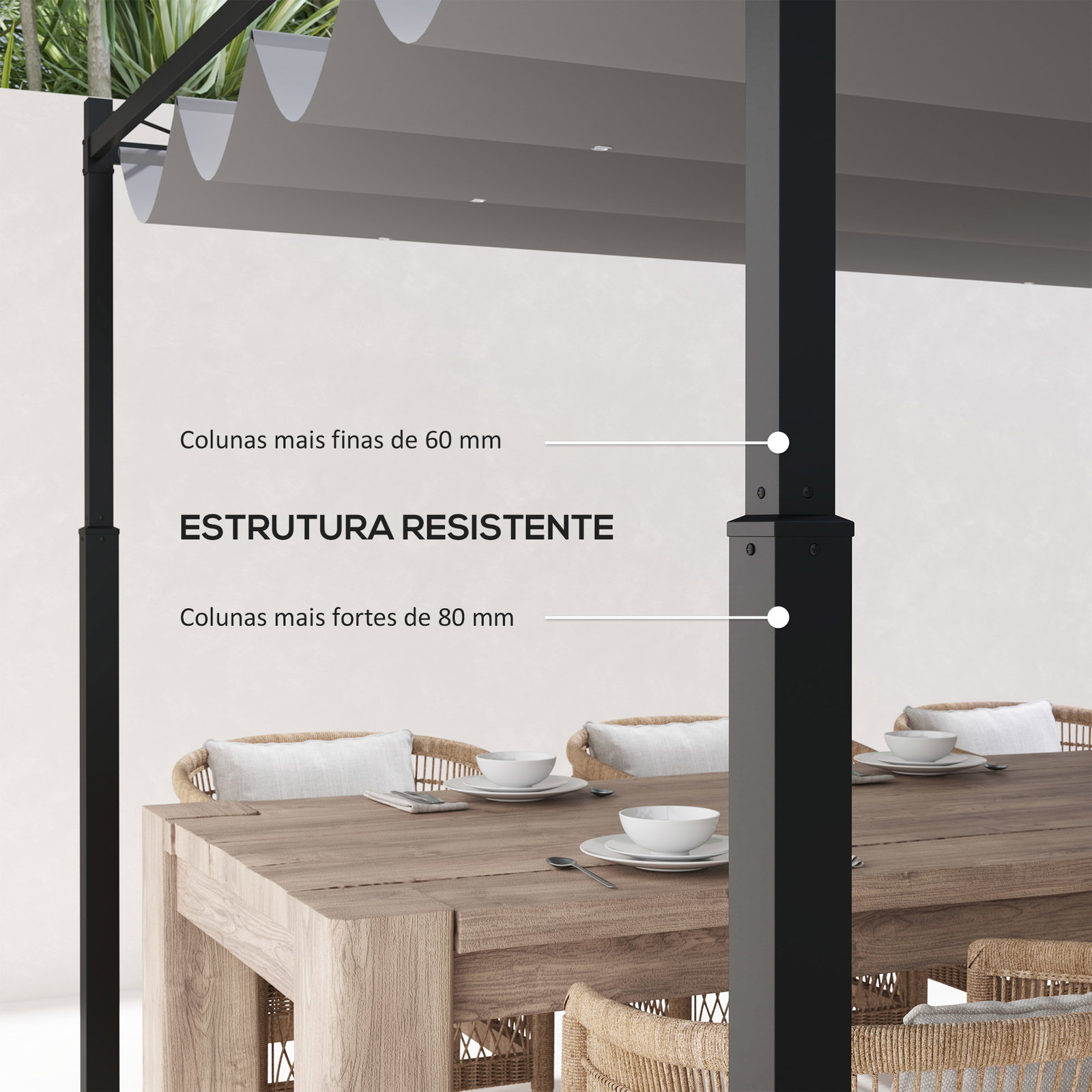 Pérgola de jardim 3x3 m com teto retrátil e acessório magnético proteção uv30+ colunas metálicas e ganchos cinzento