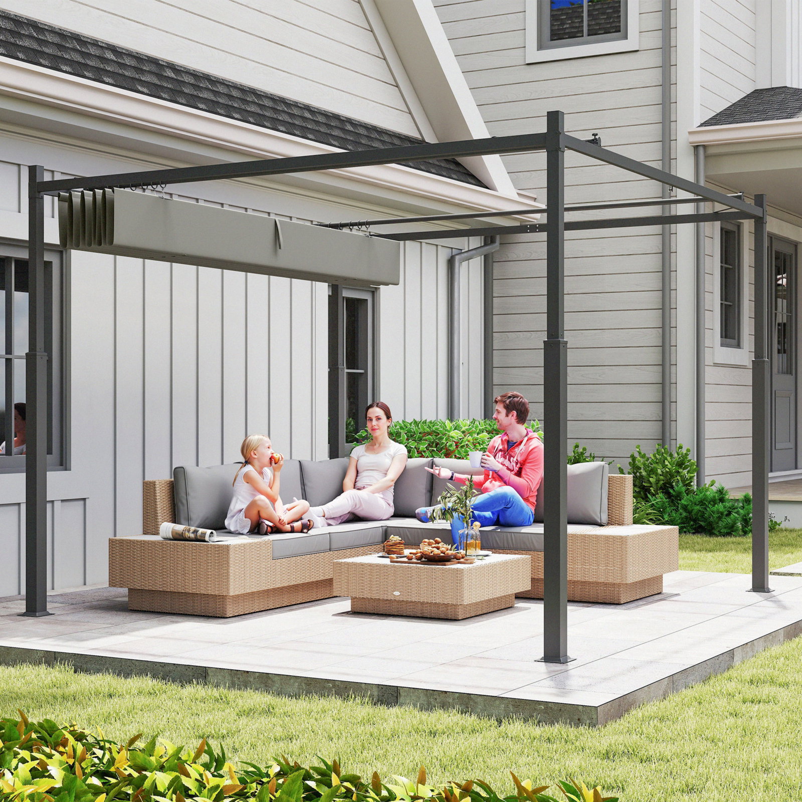 Pérgola de jardim 3x3 m com teto retrátil e acessório magnético proteção uv30+ colunas metálicas e ganchos cinzento