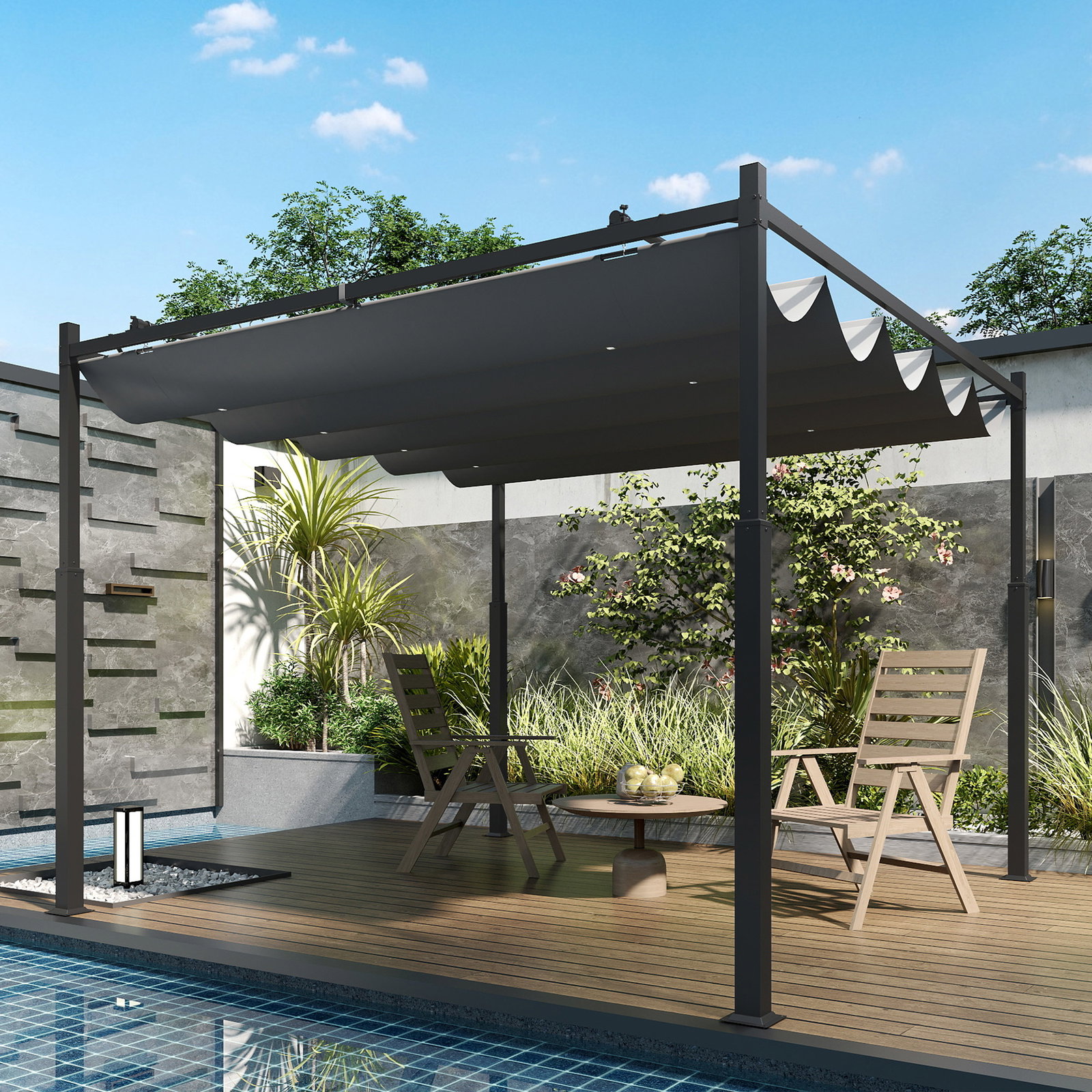 Pérgola de jardim 3x3 m com teto retrátil e acessório magnético proteção uv30+ colunas metálicas e ganchos cinzento