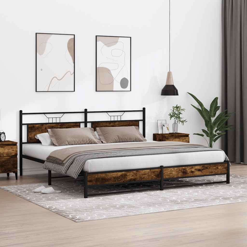 Estrutura de cama sem colchão 193x201cm metal carvalho fumado